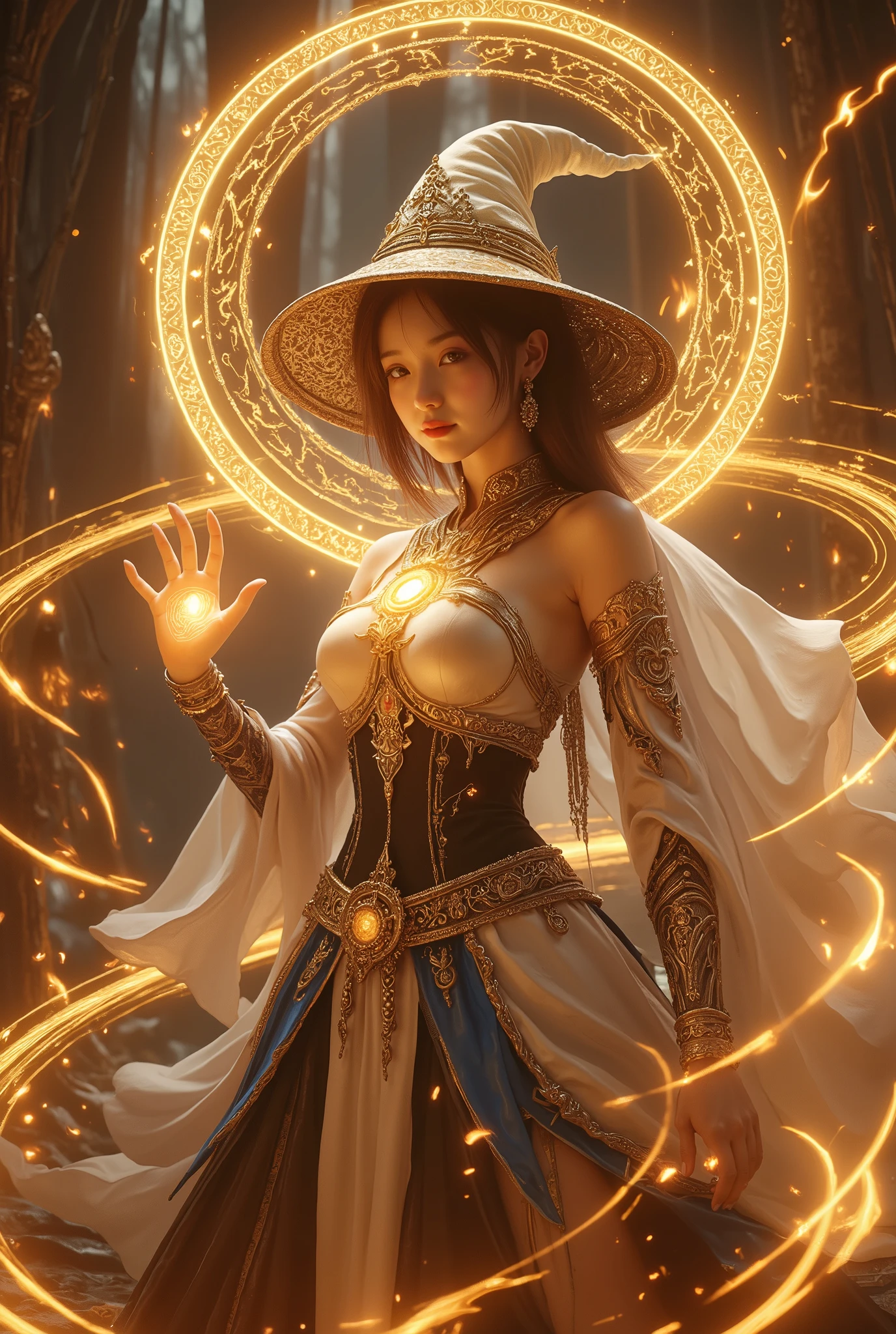 A powerful and elegant wizard girl stands amidst a glowing aura of magic. She wears a Thai-inspired outfit adorned with intricate golden patterns, layered over a long-sleeved black inner garment. A flowing white cloak with blue trims and golden Thai motifs billows behind her, enhancing her regal presence. Her pointed witch’s hat, embroidered with ancient designs, glows faintly with enchantment. She raises her hands, where golden flames surge and overflow, swirling with raw power. A radiant magical circle, etched with intricate Thai patterns, spins in layers around her, amplifying her spell. Her hair flows with the energy, and her eyes gleam with unwavering determination as she prepares to reshape destiny.