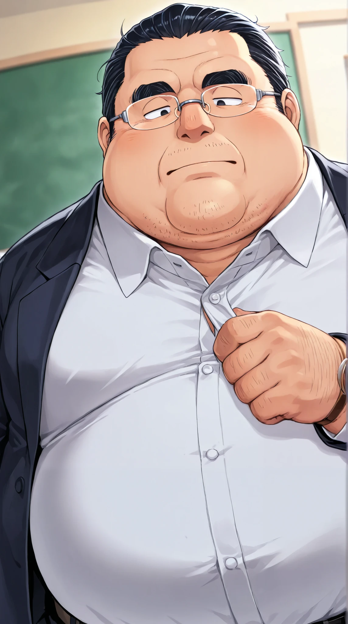 obese fat man,solo ,rimless glasses,black slicked back hair,cleft chin,japanese , narrow eyes, teacher,body
