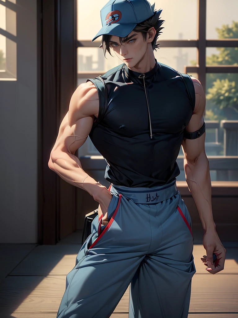 (masterpiece,best quality,ultra_detailed,highres,absurdres), (detailed shadow), (quality light), 1 (young_male:1.7) (Ash_Ketchum_satoshi_boy) (with bulge:1.2), 30-ish, (slanted_eyes:1.2), (muscleale focus), (solo:1.5), short black Quiff hair with Soft Fringe (bangs part on side 3:7 ratio), (the_pokemon_series:1.3), blue_eyes (detailed eyes), androgynous young beautiful pretty cute elegant (Ash_Ketchum_satoshi_boy) (in Ash_Ketchum_satoshi_outfit with hat:1.8) is (walking outdoors:1.4), (eyelashes), (thigh_gap), pectorals, (wide_flat_chest, wide_shoulders:1.6), (big_wide_hips, big_wide_pelvis:1.8), (warm_smile:1.2), (thin_waist, dented_waist, waist_narrower_and_thinner_than_neck:1.5), (en_face, side_view:1.1), (swayback, curvy_waist, arched_back), short hair, looking at viewer, parted lips, ((PERFECT_FACE)), ((finely_detailed_beautiful_eyes_and_detailed_face)), (best_illumination, best_shadow, an_extremely_delicate_and_beautiful)