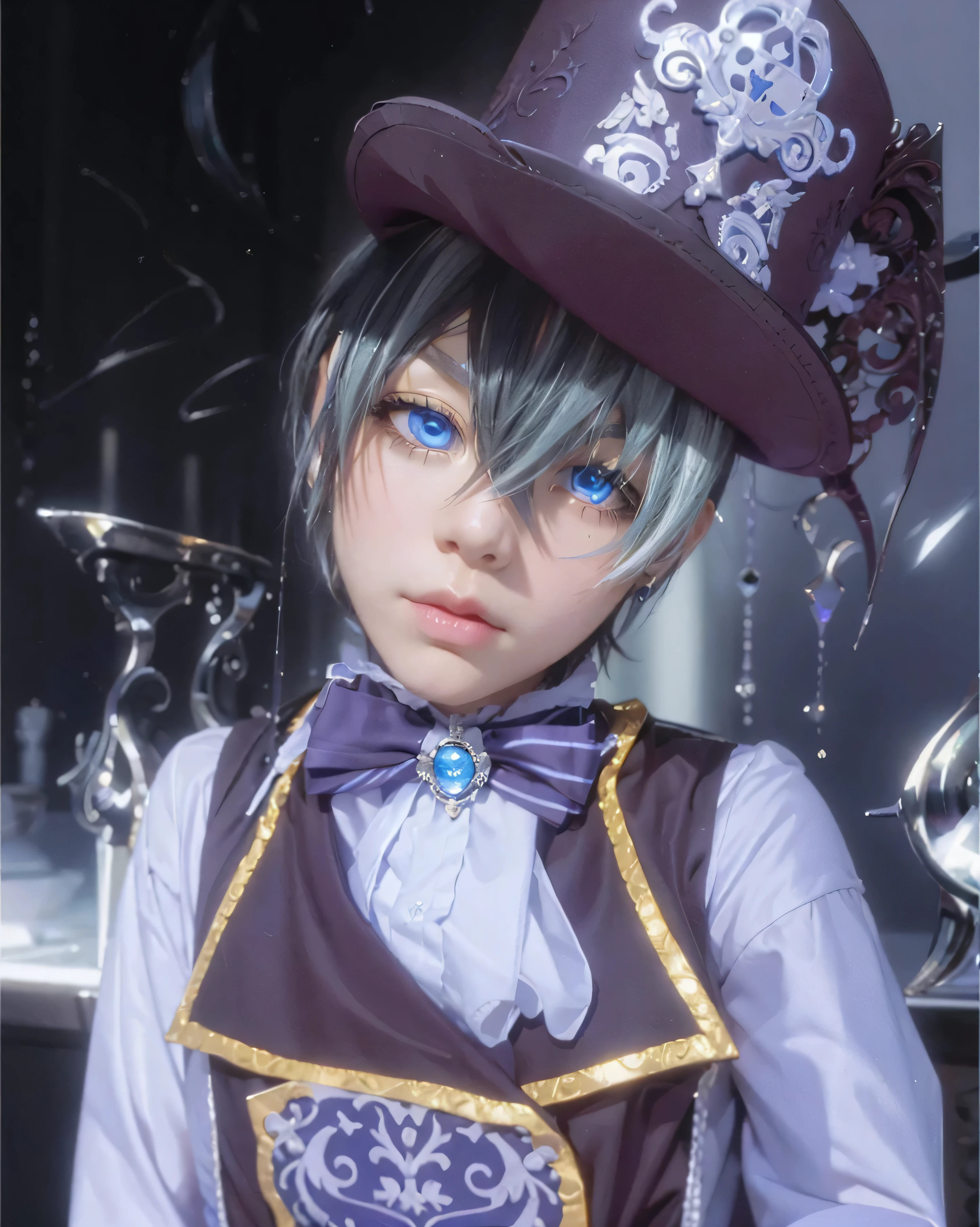 ((CIEL PHANTOMHIVE _BLACK BUTLER)),((realistic, photorealistic)),(highlight hair)), Light reflection, (( HD )),((upper body)), (((best quality, masterpiece))), (masterpiece) (best quality) (detail) (8k) (HDR) (wallpaper) (cinematic lighting) (sharp focuasterpiece, best quality: 1.1), score_9, score_8_up, score_7_up, score_6_up, score_5_up, score_4_up, BREAK source_anime, looking at viewer, upper body, depth of field, 1boy, solo, male focus, ciel_phantomhive, black hair, blue eyes, eyepatch, toga costume, , , cielv2, 1boy, male focus, solo, eyepatch, shorts, top hat, from above, sitting down