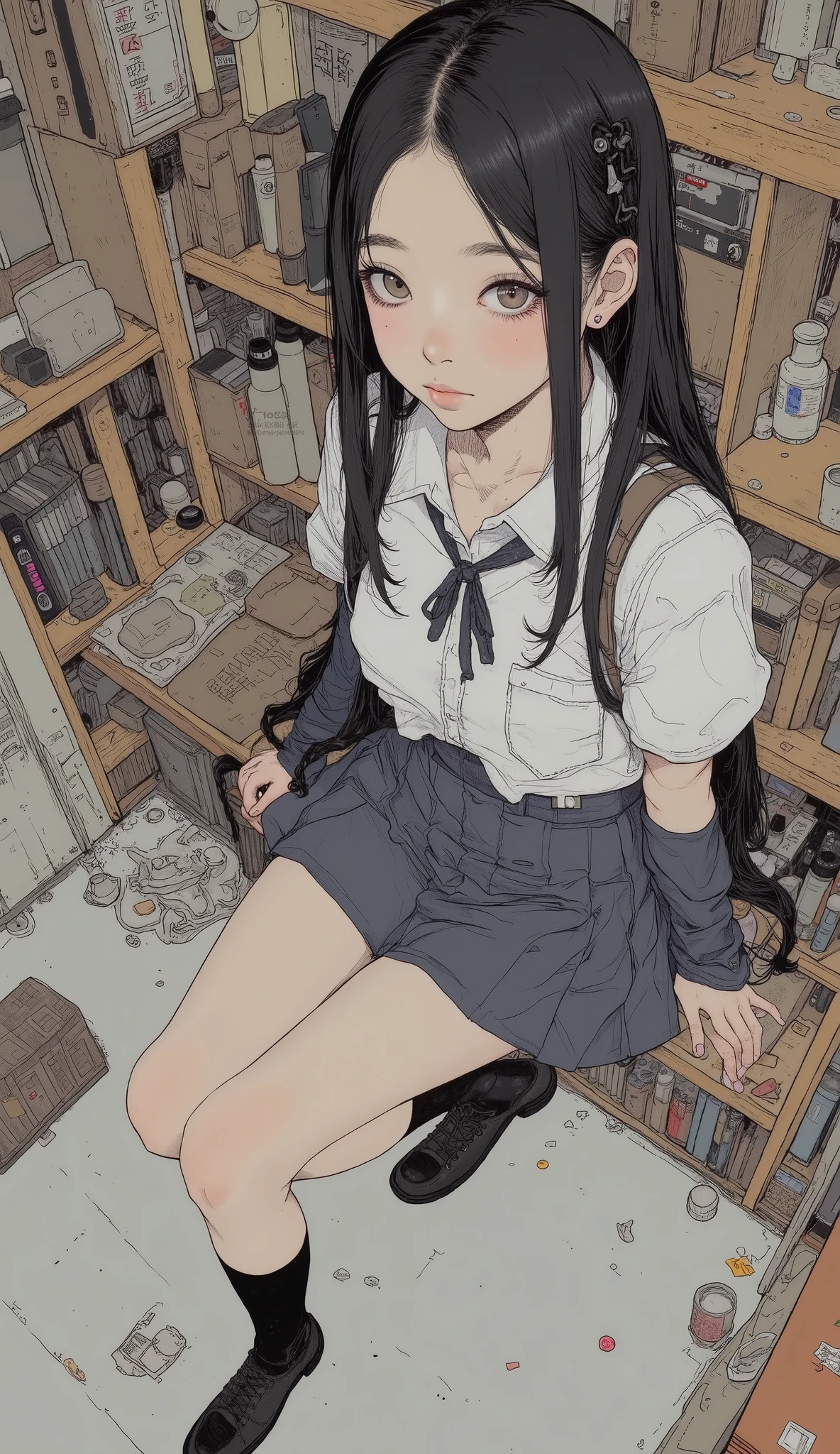 Fisheye、from above、 ALAFIF ASIAN WOMAN IN SHORT SKIRT AND WHITE SHIRT, A picture inspired by Yuki Ogura, Tumbler, what is it ?, twin tails on legs, twin tails on legs hairstyle, anime girl cosplay , Japanese high school girl's uniform, Beautiful Anime High School Girl , Japanese School Uniform, Seifuku, Real life anime girl, Fleet Collection Style , long haired anime girl