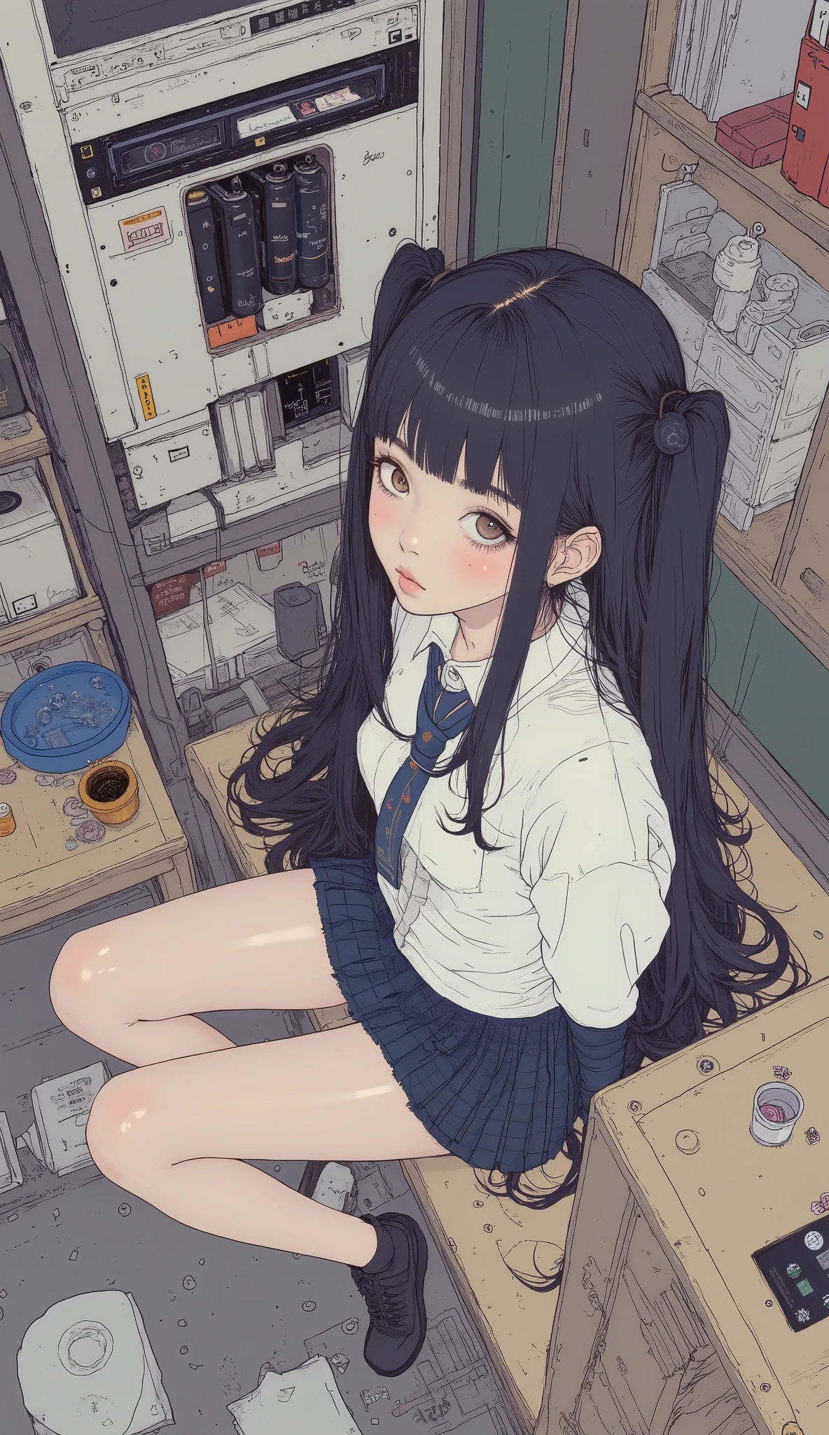 Fisheye、from above、 ALAFIF ASIAN WOMAN IN SHORT SKIRT AND WHITE SHIRT, A picture inspired by Yuki Ogura, Tumbler, what is it ?, twin tails on legs, twin tails on legs hairstyle, anime girl cosplay , Japanese high school girl's uniform, Beautiful Anime High School Girl , Japanese School Uniform, Seifuku, Real life anime girl, Fleet Collection Style , long haired anime girl