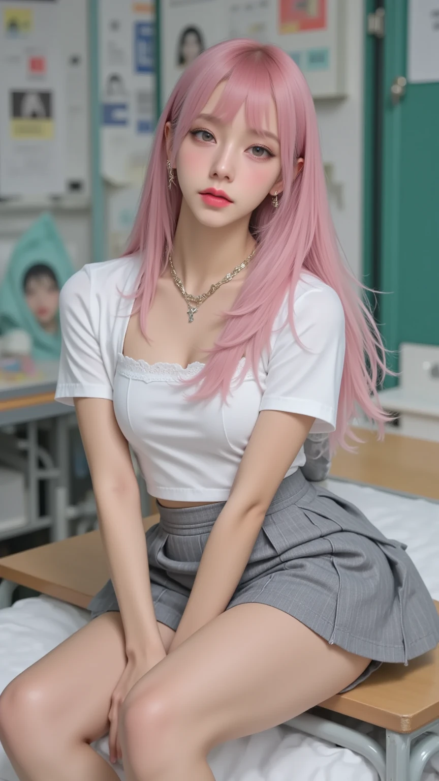{{}},{soght pink hair},{{heterochromia blue yellow}},{{blue eyes}},{{yellow eyes}},big ahoge,long messy hair,floating hair,pink halo,white shirt with cyan tie,large breast,black pleated_skirt,hime cut,{sleepy},classroom,