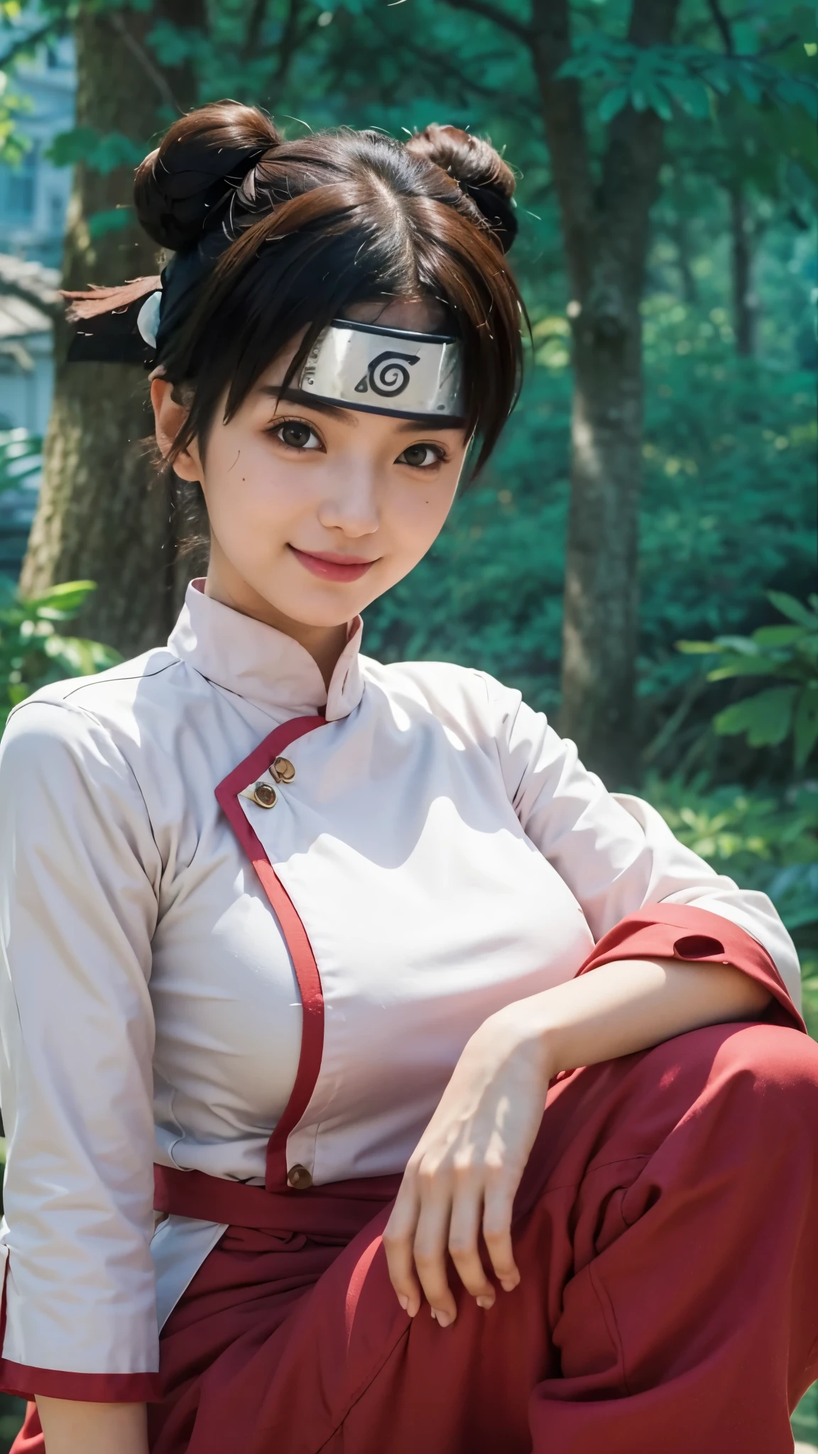 Best quality, masterpiece, detailed skin texture, detailed clothes texture, detailed face, detailed eye, super detail, 8k, intricate detail,1 girl, beautiful girl,tenten from naruto anime, realistic,smile, cosplayer,big breast