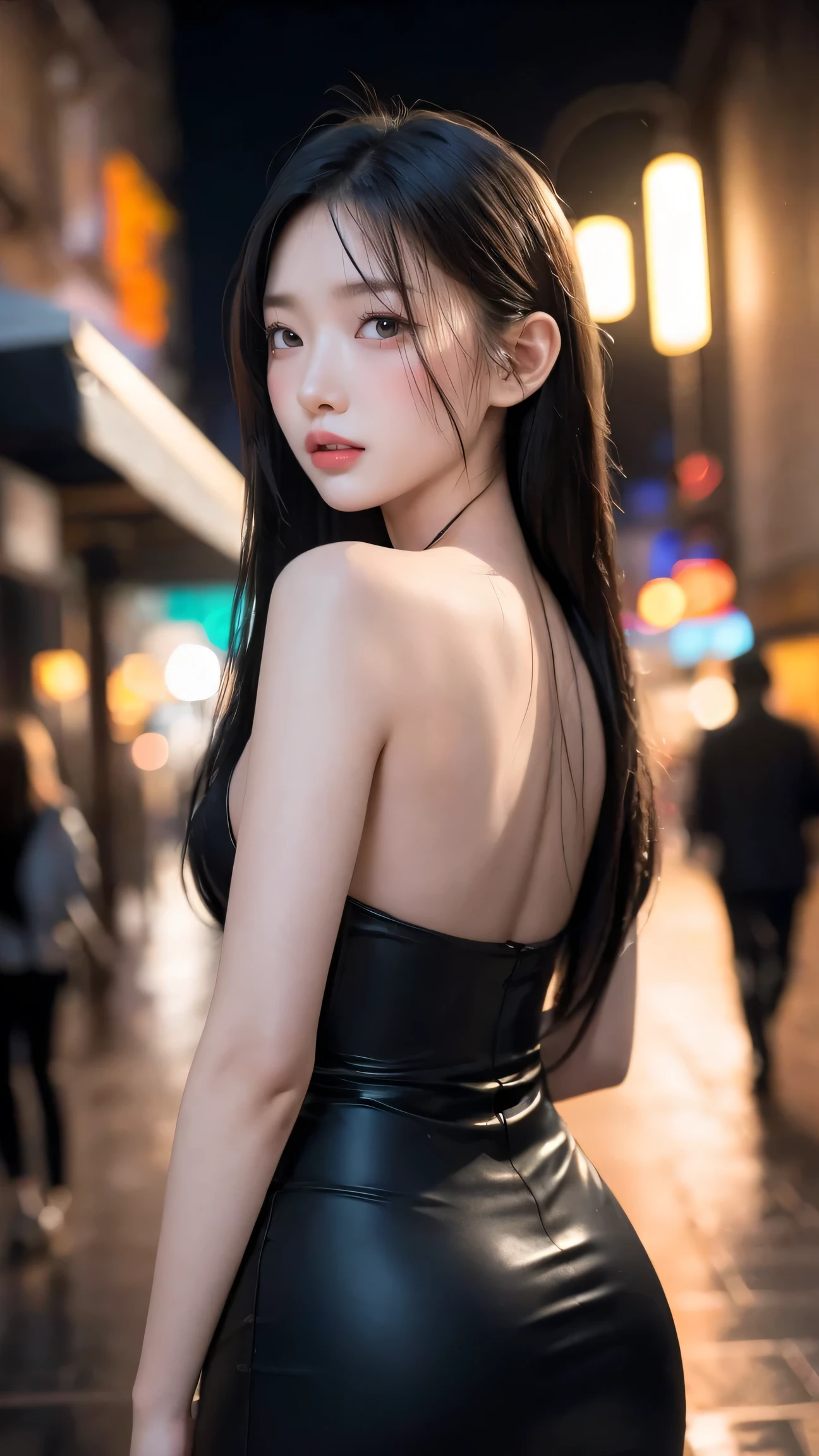 masterpiece, top-quality, 超A high resolution, (Photorealsitic:1.4), 32K,beautiful lighting,profetional lighting,Raw photography, 8K UHD, A detailed face, A detailed eye,Detailed eyes,Good balance between the left and right eyes,no-makeup:1.5,Baby Faced Girl,The cutest girl in the world,18year old,(((long shiny black hair,Pitch black hair,Straight one-length,with round face,a baby face,Young Face, Narrow eyebrows,round upturned nose,Letter to))), ((Tight long dress that sticks to the body,deep v neck、Wear a leather jacket in layers)),((Sensual body lines:1.5,Feminine body line,Colossal tits:1.5,Big buttocks:1.3,sideboob barbosa:1.3)),Late night street corner,Night view of the city, longshot,Facing backwards、Looks Back,Too big breast:1.5,Rui Kiriyama
