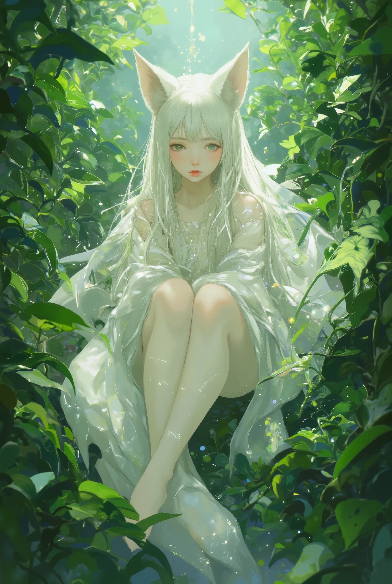 A girl with long white hair, fox ears and a tail, she sits among green plants