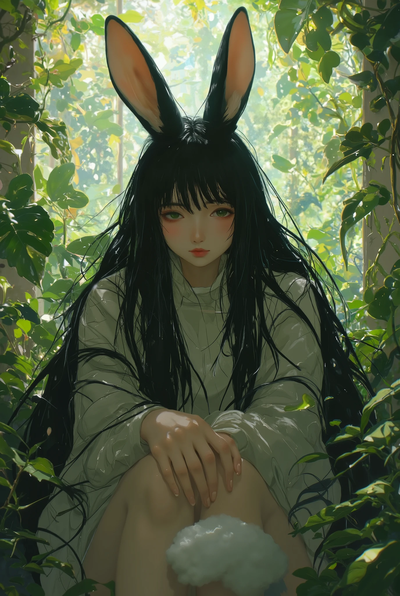 A man with long black hair, rabbit's ear and a tail. he sits among green plants