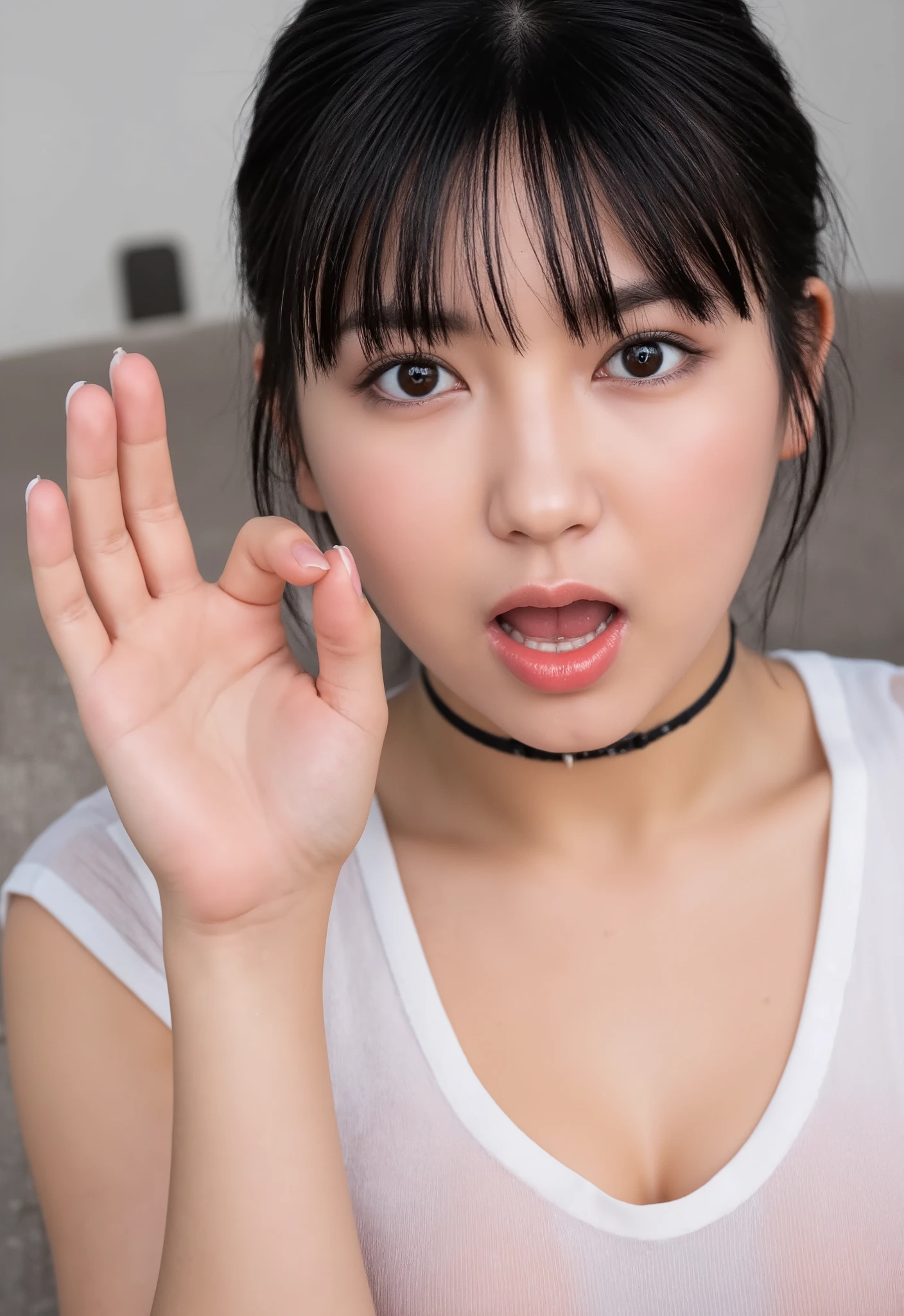 ( by Nomi, photo- by Nomi), ( top quality,  Masterpiece), 8k,  RAW Photo,  high res pics,  extremely fine,  complicated details,  sharp details,  sharp concentration,  selfie,  view from above,  looking at camera, Alone, 1 girl,  Japanese girls , thin body, skinny,  black hair, short blunt buns hair, detailed face,  natural makeup ,  choker,   jewelry, ( fellatio gesture ,  fully open mouth, OK sign in front of your face with one hand:1.2), ( file,  White Sheer Blouse,  wet close,  covered erect nipples,   poking nipple with peep cup  :1.2), break, ( Complete Technique,   perfect hand), 屋内で, Home,