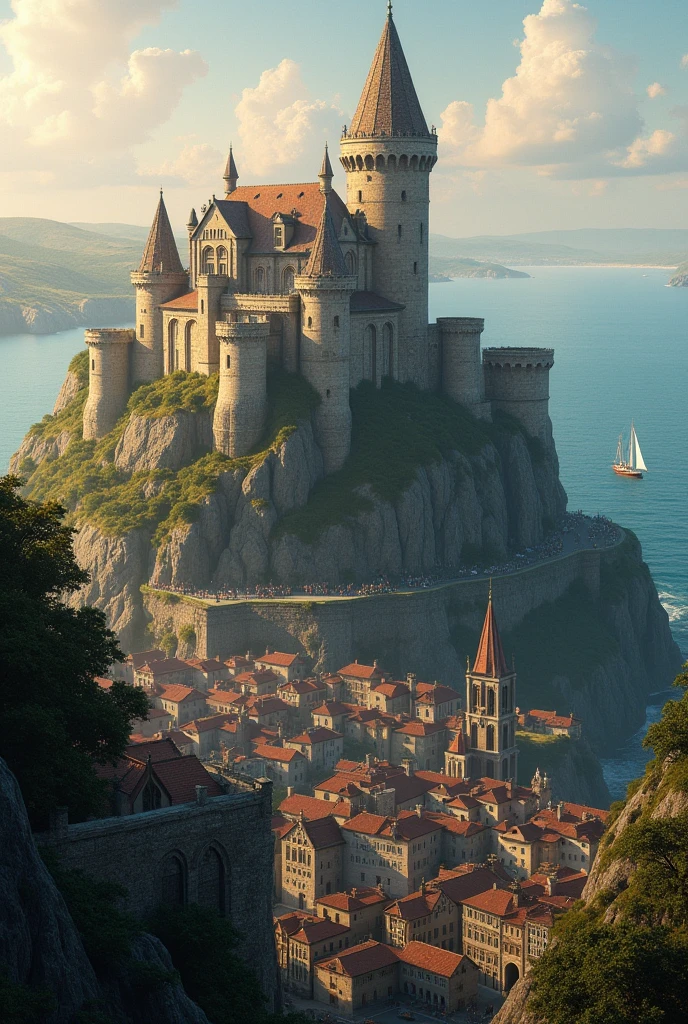 An old royal castle located on a hill with a town and a coastal bay