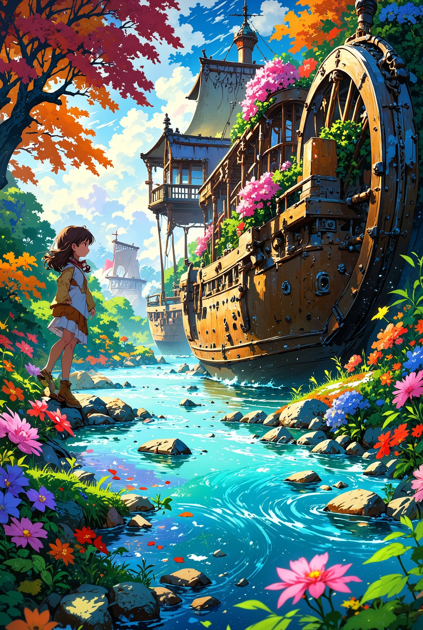 A vividly colorful scene featuring a river with crystal clear waters, swirling and bubbling with excitement, as the water wheel of a large ship slowly revolves in the water, its intricate metal surface adorned with vibrant flowers that bloom outwards in a colorful display of beauty and wonder. Surrounding this is a beautiful  with long, brown hair, and bright, lively blue eyes, full of curiosity and delight, looking down at the water with fascination and awe. The girl is dressed in a playful outfit, perfectly blending with the whimsical spirit of the moment. She has a playful smile on her face, reflecting back the joy and energy of the river and the ship's presence. This exudes a sense of harmony and enchantment, making it a delightful and captivating visual experience for ren and adults alike.