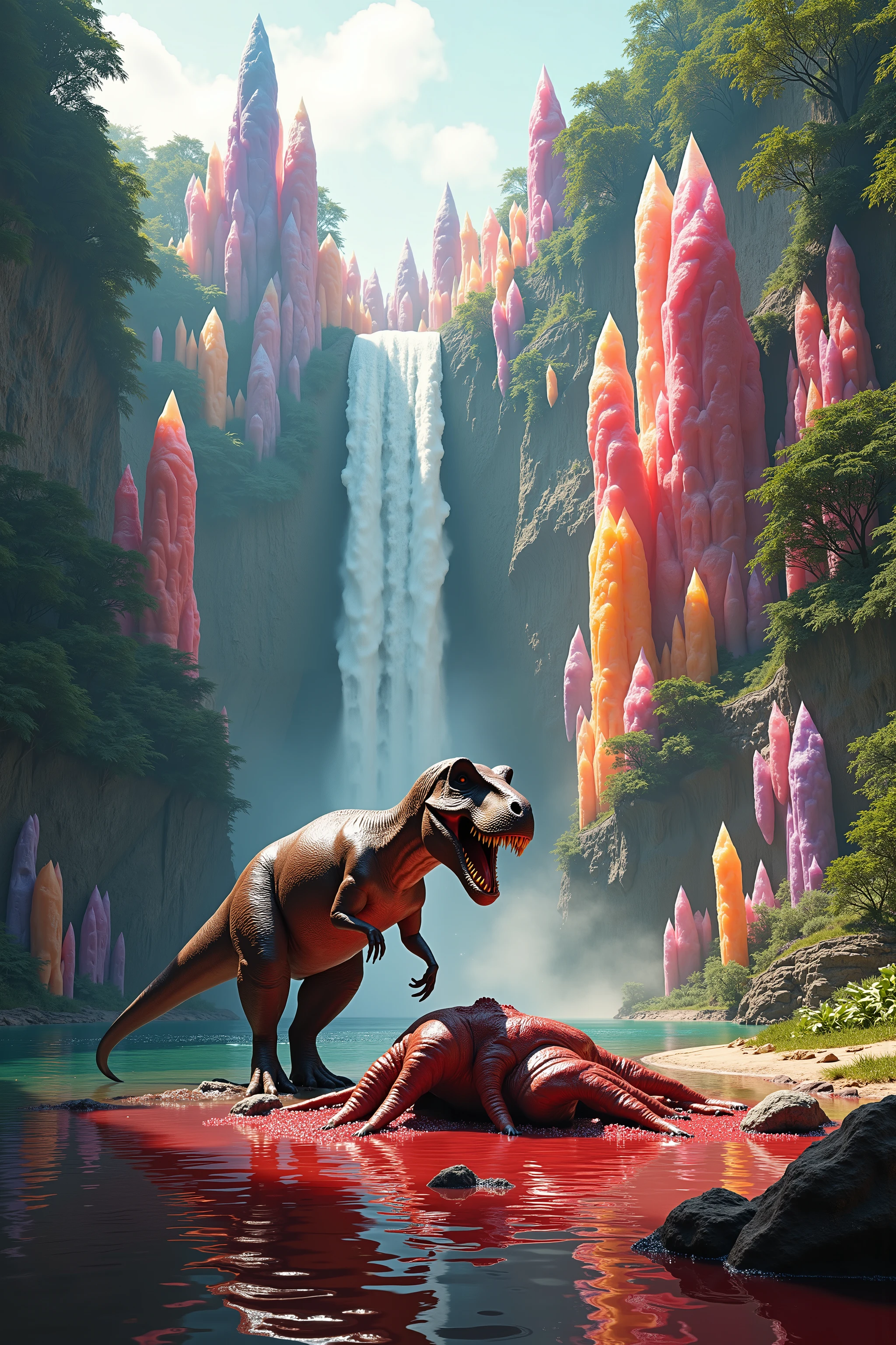 A cliff that is 300 feet tall made up of gigantic quartz crystal points that are multicolored pillars in a tropical rainforest. In the middle of these skyscraper sized quartz crystals is an incredible gushing cascading waterfall that pours into a beautiful lagoon that is lined with smaller quartz crystals 20 to 40 feet tall. In hues of Pink, Red, Orange, Yellow, Green, Blue, and purple, there are hundreds of them and they are partially translucent and radiate color in the bright full sunlight of the day. In this Full Sunlight we see a close up of a Tyrannosaurus Rex as he has another dinosaur down and is eating him at the edge of the lagoon. Macro Photography. Large pieces of meat are in the wate,  turning it red with blood all around them. Explicit, Graphic, Natural, Authentic/Real looking. Anatomically Correct, Attention to detail, Textured Skin, In Depth Detailed Eyes, colored translucent quartz crystals protruding from the water's edge near the battle scene, Eating Scene. Ultra realistic, Photorealism, Breathtakingly Beautiful, Stunning, Awe Inspiring, An Awesome Site! 8K Octane, Action Painting, Artistic, Cinematic, Cinematography, Conceptual Art, Digital Art, Fujicolor, Super Saturated Colors, Hyperdetailed, Hyperrealism, Photorealistic, Pixel Art, Pixel Assets, Portrait Photography, Surrealism, Unreal Engine, Sparkle off the gigantic translucent multicolored quartz crystals. Ultra realistic, photo-realistic, cinematic photography, cinematic portrait, portrait photography  Depth Of Field, Optical Illusion, Cinematic Lighting, Glowing Light, Reflection Light, Ray Tracing, God Rays, Perspective, UHD, Super Detailed, Best Quality, Detail, Award Winning, Masterpiece!