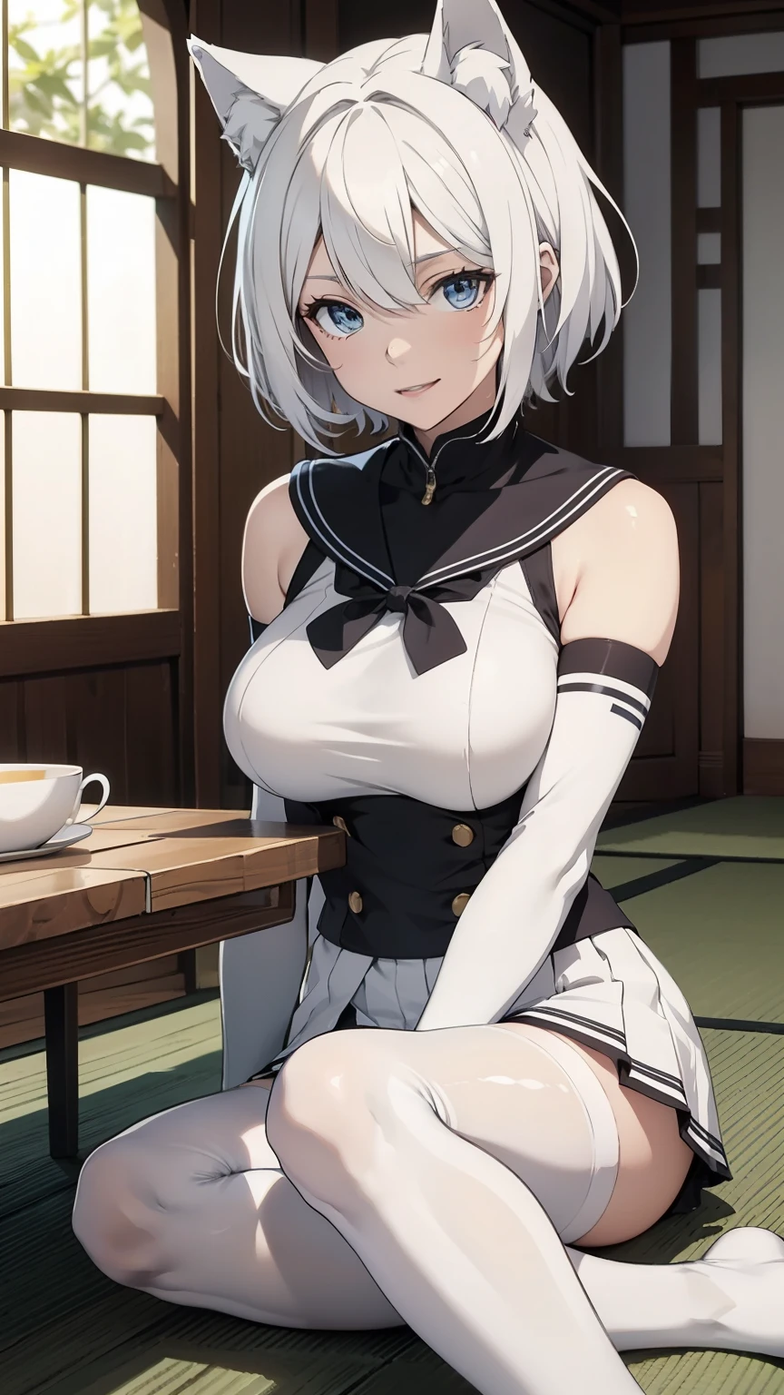  Table Top　 High Quality Images 　 Highest Quality　8k　  Adult Female　 anime style for beautiful breasts　whole body（ sits on the floor）　  white long gloves  （  elbow gloves ）　 white pantyhose （ white tights）　 sailor suit （ sleeveless）　 miniskirt（ check up to the mold）　White wolf ears　 short hair（（ Shortcut）（Pure white hair）（Perm）（ fluffy））　 my eyes are blue　 charming face（（Laughter）（smile）（  open your mouth ）） beautiful feet　background（Japanese-style room）