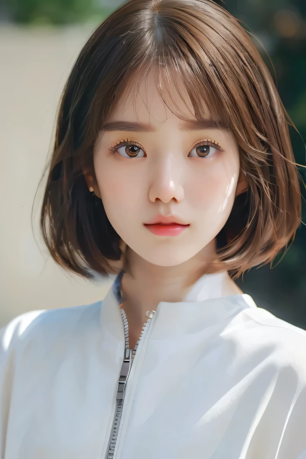 a woman with a short brown hair and a white jacket, with short hair, young adorable korean face, korean girl, beautiful south korean woman, wan adorable korean face, korean symmetrical face, beautiful young korean woman, gorgeous young korean woman, girl cute-fine-face, jaeyeon nam, portrait of female korean idol, ulzzang, lee ji - eun