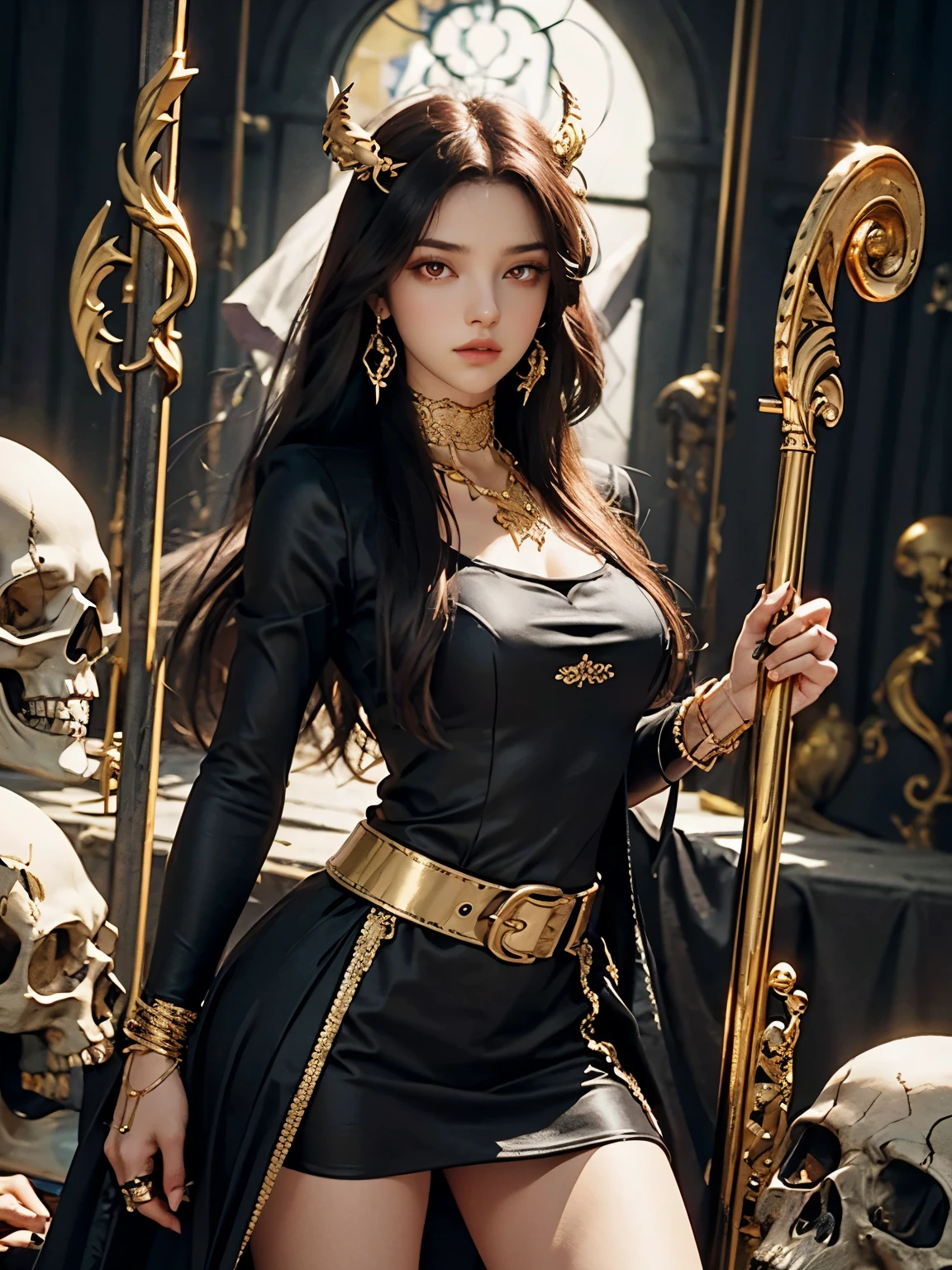 1 girl, solo, details, masterpiece, best quality, photorealistic realism, beautiful girl, long hair, black hair, skull headband, gold earrings, (((red eyes))), beautiful face, skull necklace, perfect body, large breast, open chest, black long dress, skull bracelet, gold earrings, gold belt, (((gold panty))), musical instrument, (((stand near ceberus))), dark sky, dark temple,