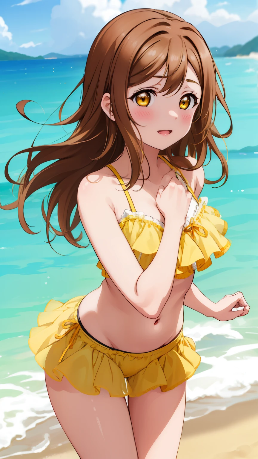 1girl, kunikida hanamaru, brown hair, yellow eyes, blush, messy hair, masterpiece, high quality, detailed body, detailed face, frilly swimsuit, beach, looking back at viewer