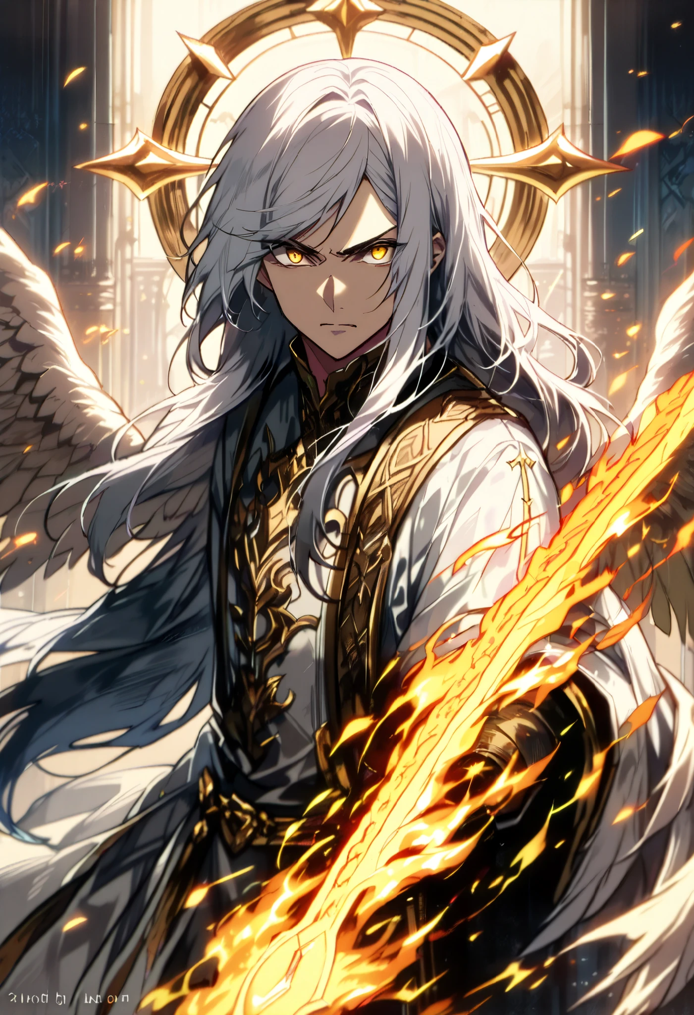 heavenly, twilight, glow, heaven, clouds, gate, high res, absurd res, (handsome), elegant, detailed photo, detailed face and eyes, focus on face, cinematic lighting, dramatic lighting, ((1man)),((30 year old man)),( solo male focus), white hair, ((((long hair man with swoop bangs)))), yellow eyes, angel, angelic, archangel, white robes, ((multi large wings)), golden halo, ( expressive eyes), judgement, Devine punishment, (((holding flaming sword))), attacking,
