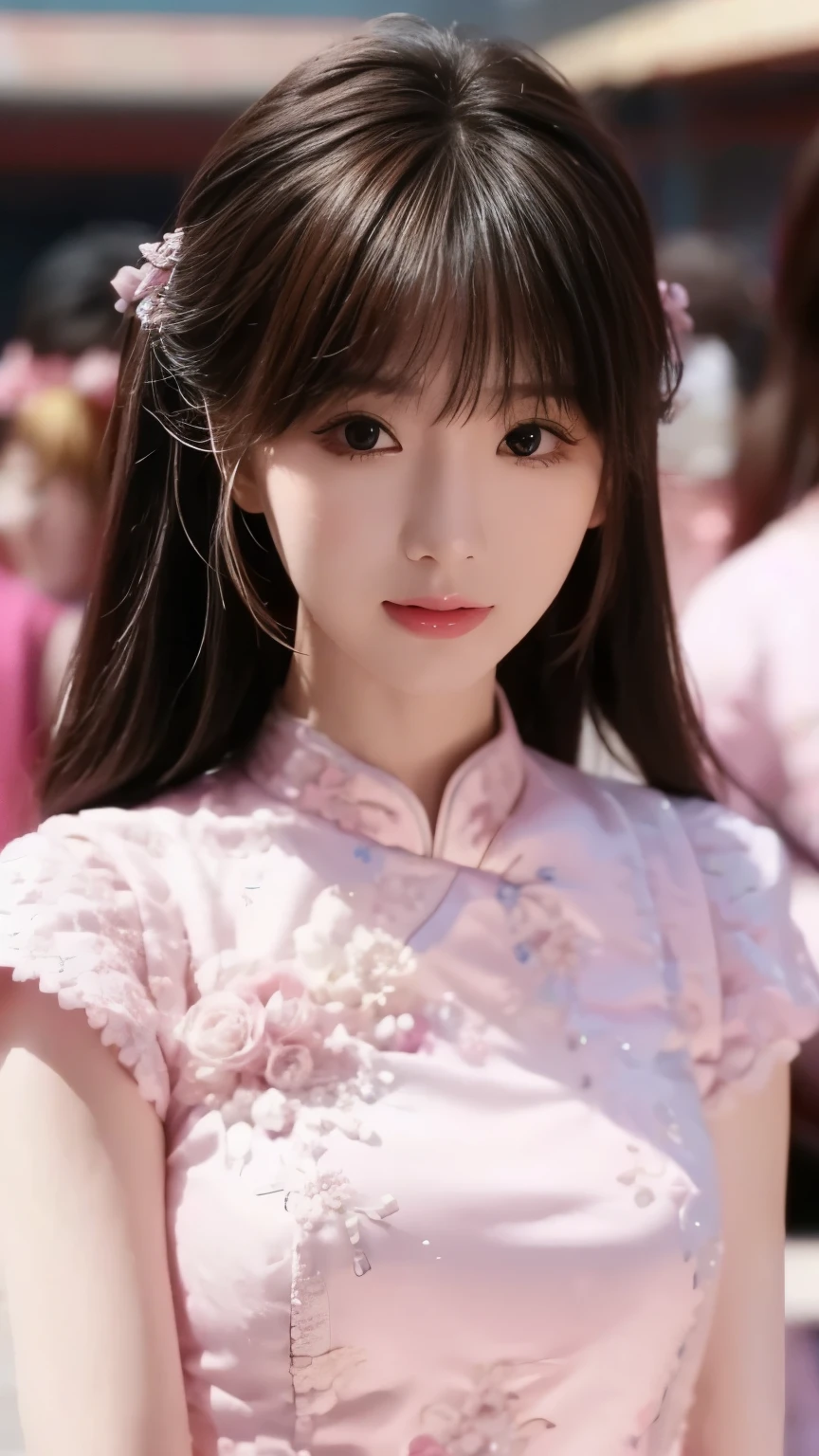 bangs ,hair、 in a pink dress 、hair上有花朵的Anime Girl, very 美丽的Anime Girl, 美丽的Anime Girl, beautiful fantasy anime , Gu Weiss, Anime Girl, 美丽的Anime Girl, very beautiful anime girl , pink flowers , background blur, Anime style 4K, Anime fantasy work , 4K anime wallpaper, Guvez style artwork