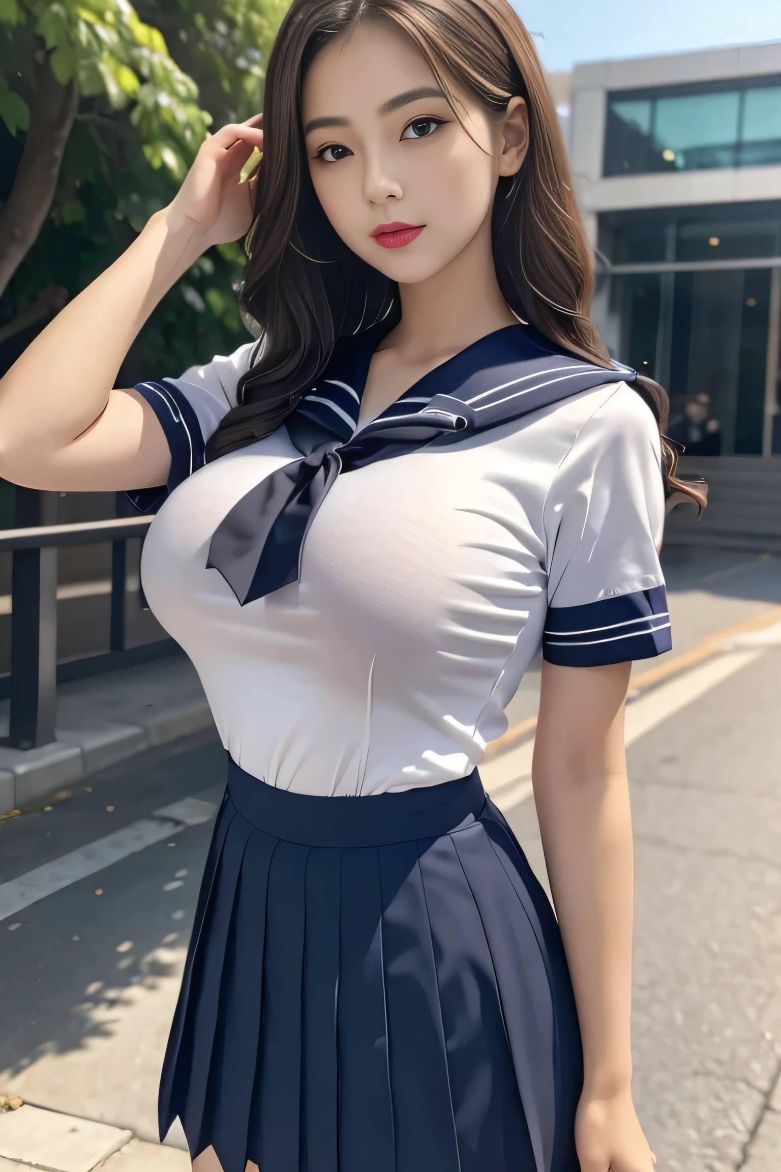 (Wrinkle-free sailor uniform:1.3), Tight fitting short sleeves, Breasts accentuates, Breasts is in the frame, Wrinkle-free tight fitting short pleated skirt, (Looking at the viewer:1.3), Outdoors, Daytime, Sunshine,
8Kquality, (High Resolution:1.1), (Realistic photo:1.2), (Raw photo:1.1), Extremely detailed photo, Body that is depicted in ultra detail, Absolute masterpiece,
Big and round beautiful breasts, (Lip make-up), red lips, Wavy hair, Ultra beautiful school girl