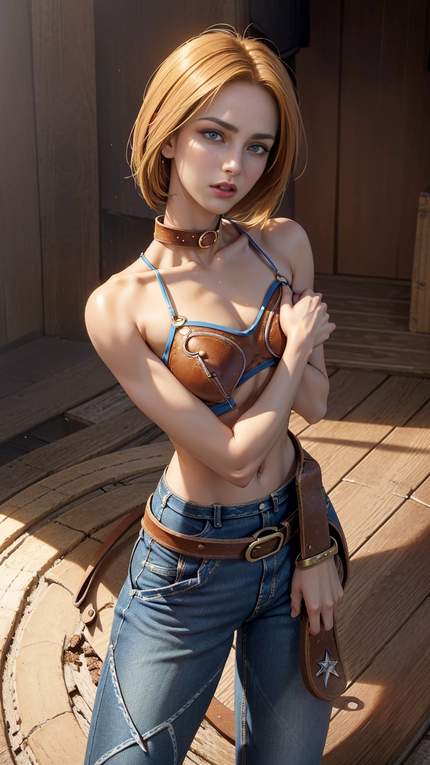 (((NSFW:1.5))),(((NUDE:1.5))),(((Drunk and having the hiccups:1.7))),(((woman1人:1.5))),((((A woman)))),((((Watch on wrist)))),(((Place your right hand on your chest:1.2))),(High resolution, clearly_image) Highest quality, woman, masterpiece, Very detailed, Semi-realistic, 23 years old, fair, young,(((The body is slim:1.3))),((Looking down:1.0)),(Tight waist), (Small breasts),((Small Ass:1.2)),((Bare arms:1.0)),,(((A cowboy belt around his bare waist:1.3))), (((Standing in front of a wooden wall:1.0))),Sit on a chair, (Blushing:1.8),(Being drunk:1.9),((Exposing thighs)),((Navel exposed)),((Cowboy Shot:1.5)),((Full Body Shot:1.0))