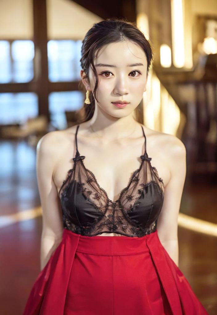 Beautiful portrait of a stunning goddess girl, Slender white long legs,Smile,Beautiful and delicate face, porcelain skin, full-body shot, center, super soft lighting, symmetry, complex, elegant, Very detailed, lifelike, art station, concept art, Smooth,A super short mini skirt,slit briefs、Black and red are dominant、It reveals a sense of mystery and cuteness、Puff sleeves for princess outfits。Black undertone,Made of red and white bordering、The fabric of the upper body fits snugly、Set off the girl's exquisite body、The design reveals the exquisite and compact collarbones、Thin black bands connect the black and white clothes、The inner layer of enchanting red is deliberately exposed、The skirt goes down in the form of lotus leaves、Black, red and white three layers、Spin out a mysterious beauty。