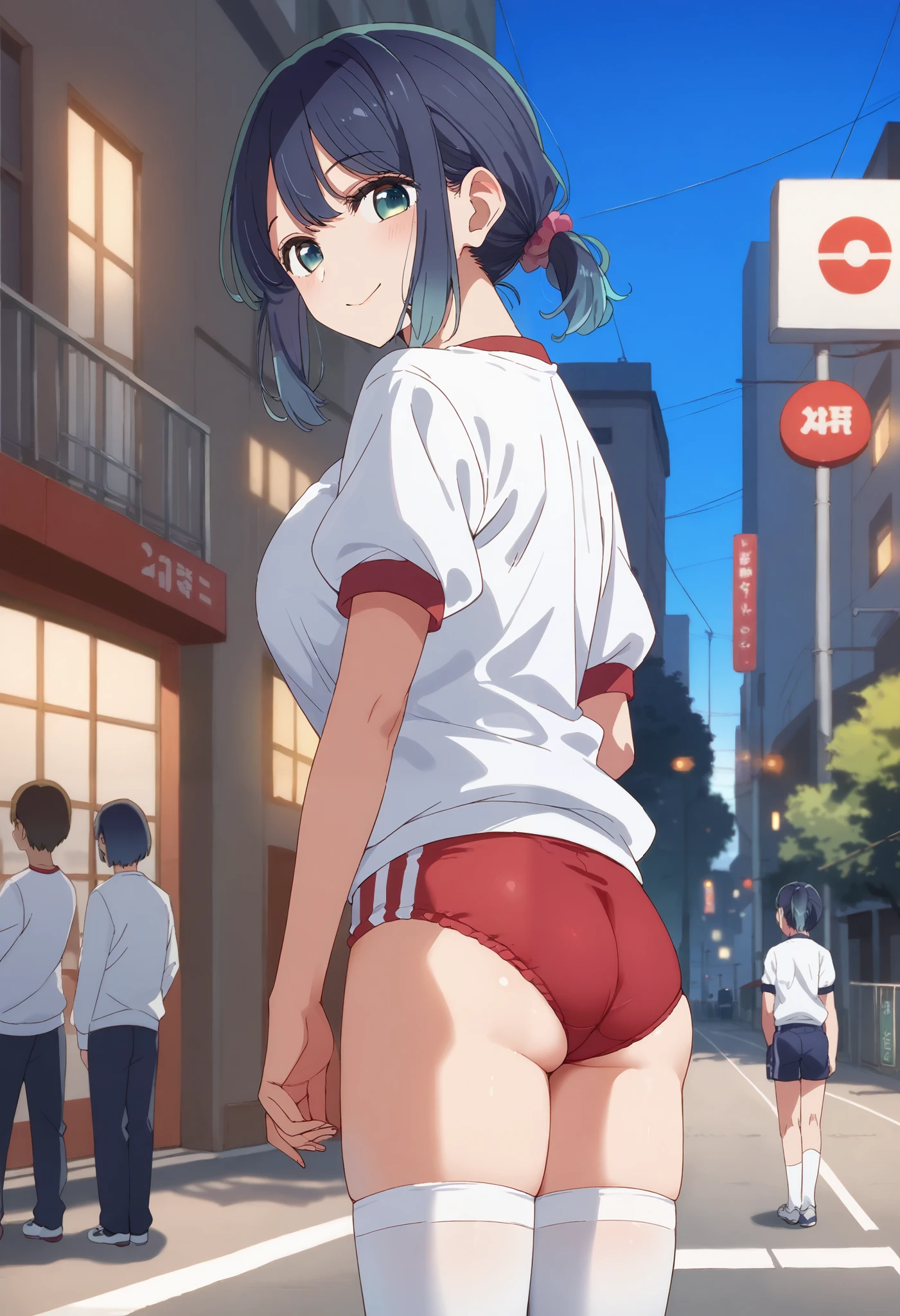 score_9, score_8_ up, score_7_ up, , score_Anime,Akane Kurokawa, 1 girl, Alone, Watch Viewers , , gradient hair clinging to camera, bangs,, closed her mouth, Blue Hair, standing, short hair, Aqua Eyes , smile, street, city lights , smile, Big Breasts、 looking at camera、
(( gym clothes、Plain white T-shirt:1.5、headにはなにも着けない、clavicle、head、Exposed arms、Short sleeve、 red gym uniform、red panties 1 、 white stockings))、Crotch line、
((magic flower))、 standing、sunlight、blue sky、 ground 、School、 track and field、 Short Ponytail:1.5