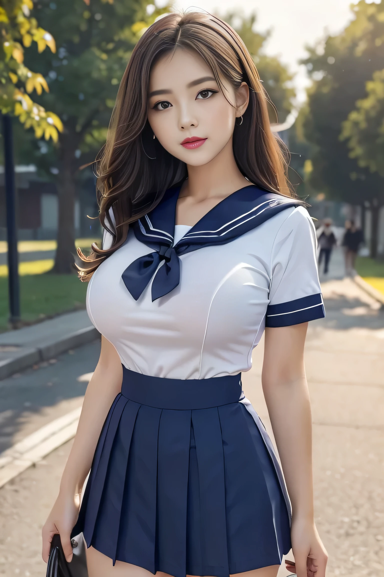 (Wrinkle-free sailor uniform:1.3), Tight fitting short sleeves, Breasts accentuates, Breasts is in the frame, Wrinkle-free tight fitting short skirt, (Looking at the viewer:1.3), Outdoors, An unmanned schoolyard after school,
8Kquality, (High Resolution:1.1), (Realistic photo:1.2), (Raw photo:1.1), Extremely detailed photo, Body that is depicted in ultra detail, Absolute masterpiece,
Big and round beautiful breasts, (Lip make-up), red lips, Wavy hair, Ultra beautiful school girl