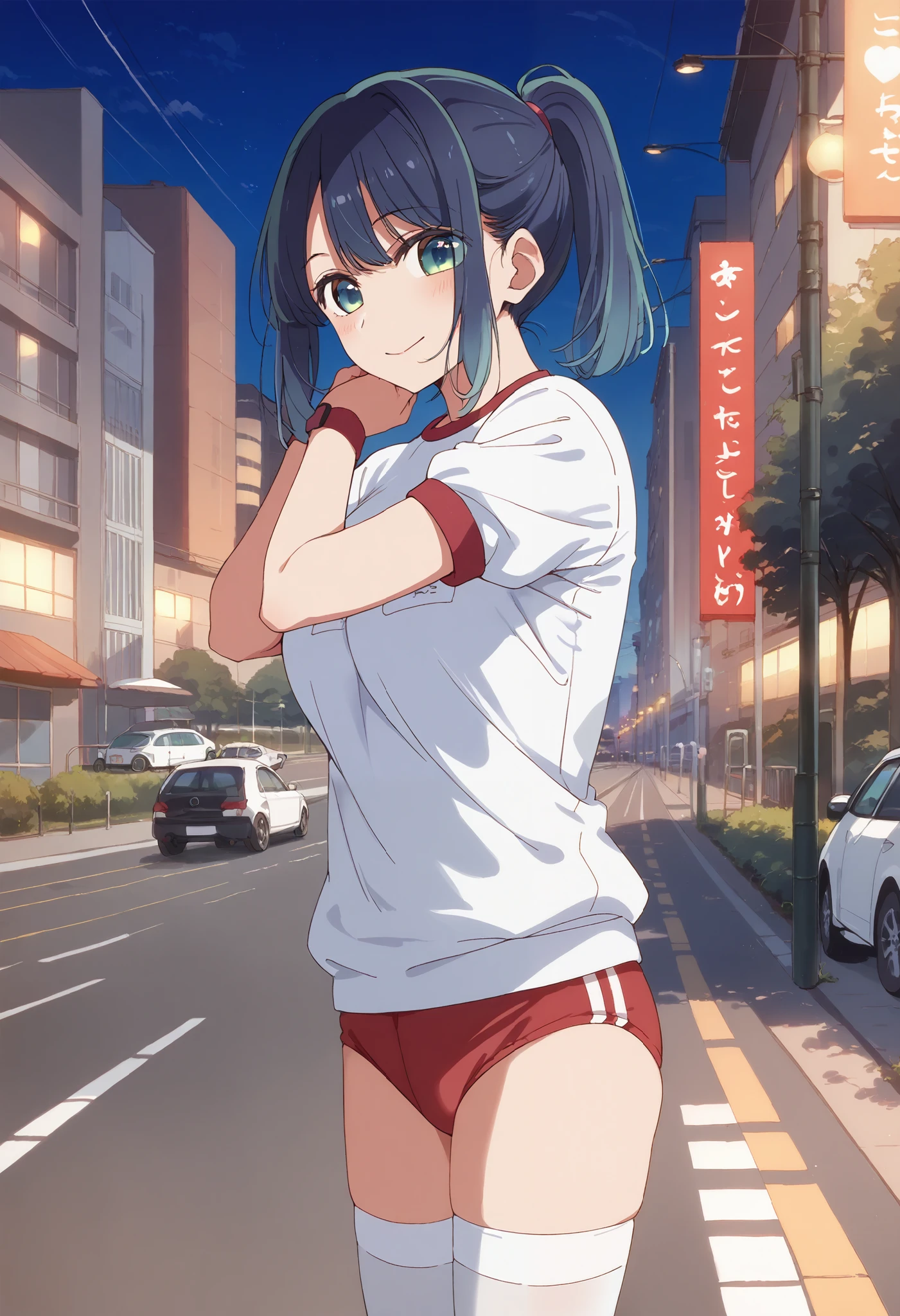 score_9, score_8_ up, score_7_ up, , score_Anime,Akane Kurokawa, 1 girl, Alone, Watch Viewers , , gradient hair clinging to camera, bangs,, closed her mouth, Blue Hair, standing, short hair, Aqua Eyes , smile, street, city lights , smile, Big Breasts、 looking at camera、
(( gym clothes、Plain white T-shirt:1.5、headにはなにも着けない、clavicle、head、Exposed arms、Short sleeve、 red gym uniform、red panties 1 、 white stockings))、Crotch line、
standing、sunlight、blue sky、 ground 、School、 track and field、 Short Ponytail:1.5