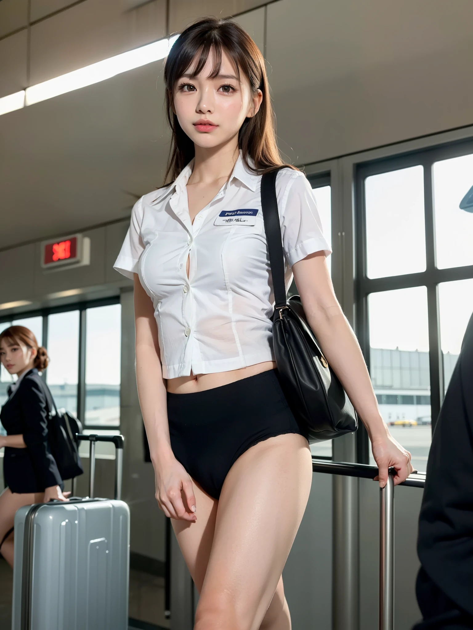 ((of the highest quality, 8K, masutepiece: 1.3, Raw photo)), Sharp Focus: 1.2, (1 AESPA Girl :1.1), Solo, (Realistic, Photorealistic: 1.37), (Face Focus: 1.1), Cute face, hyperdetailed face, (short messy hair: 1.2), Small Smile, Small breasts, flat chest, nude, (flight attendant uniform: 1.1), sleeping pose, Thigh, chiffon panties, airport, terminal
