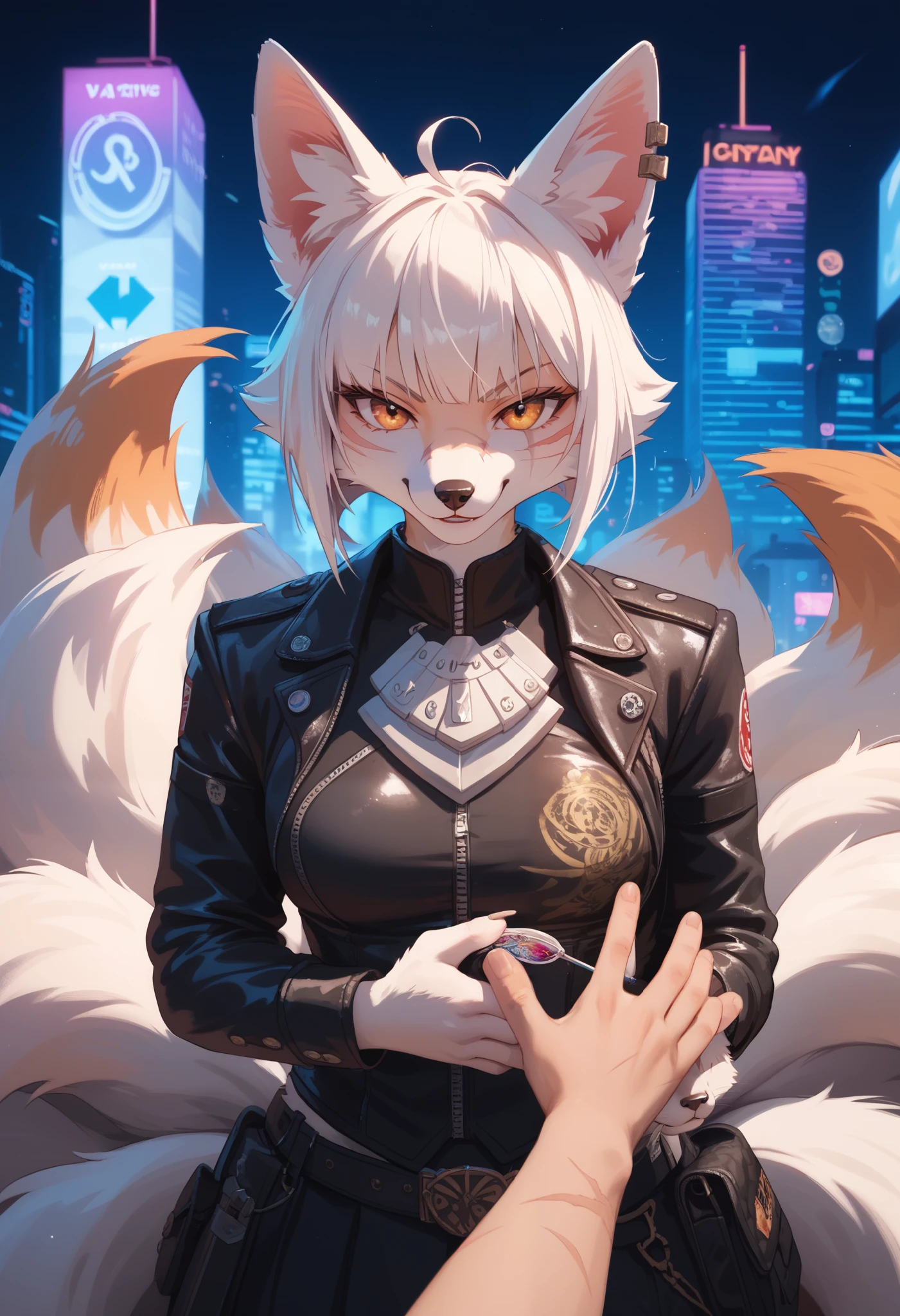 Chemicals,   Furry Mess Solo,  fox girl, multiple tails, Alone,  short ponytail ,  eye scars ,  detailed face,  masterpiece, Worn, Normal closed clothes ,  One Person Point of View,  reach,  white fur, 5 fingers,   correct anatomy ,  perfect hands, Neon City,  smirking 