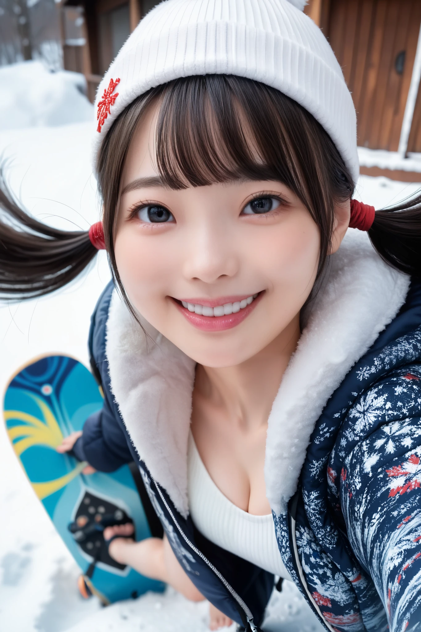 Very detailed, Detailed, Best Quality, Ultra High Resolution, Highest Resolution, 20 year old Japanese female, Happy smiling face, Detailed facial expression, Detailed eye depiction, Wide open eyes, Cute double eyelids, Thick lips, Black hair, Black pupils, Woman wearing knitted hat and snowboarding wear, Wearing snow boots and holding snowboard vertically in left hand, Woman's snowboarding wear is slightly open to reveal cleavage, Snowy mountain, Vast sunny ski resort, Pigtails and blunt bangs, (((Full body photo, feet visible))), Looking at viewer, Top angle,