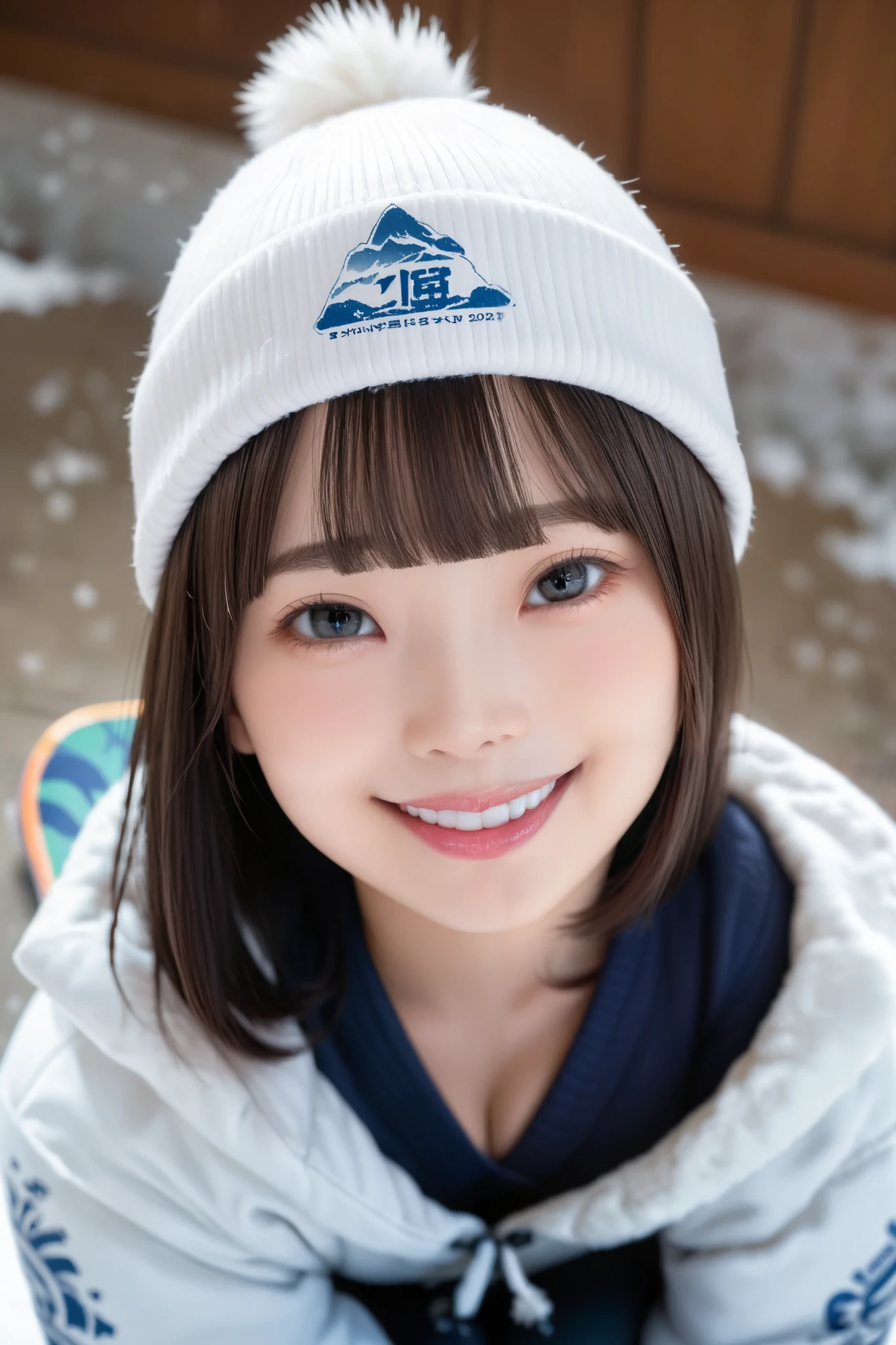 Very detailed, Detailed, Best quality, Ultra high resolution, Highest resolution, 20 year old Japanese female, Happy smiling face, Detailed facial expression, Detailed eye depiction, Wide open eyes, Cute double eyelids, Thick lips, Black hair, Black pupils, (((Full body photo))), Woman wearing knitted cap and snowboard wear, Snow boots, Woman's snowboard wear is slightly open to reveal cleavage, Snowy mountain, Vast sunny ski resort, Hime cut and blunt bangs, Looking at viewer, Angle from above,