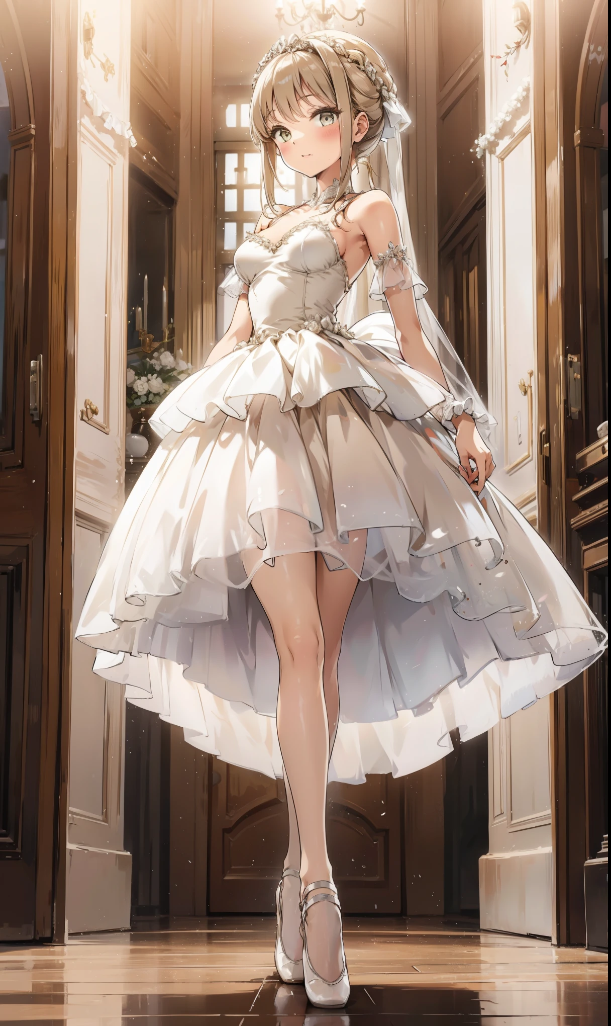 top quality, highest resolution , beautiful woman , (pure white ballet dress),cascading skirt, tulle, beige hair