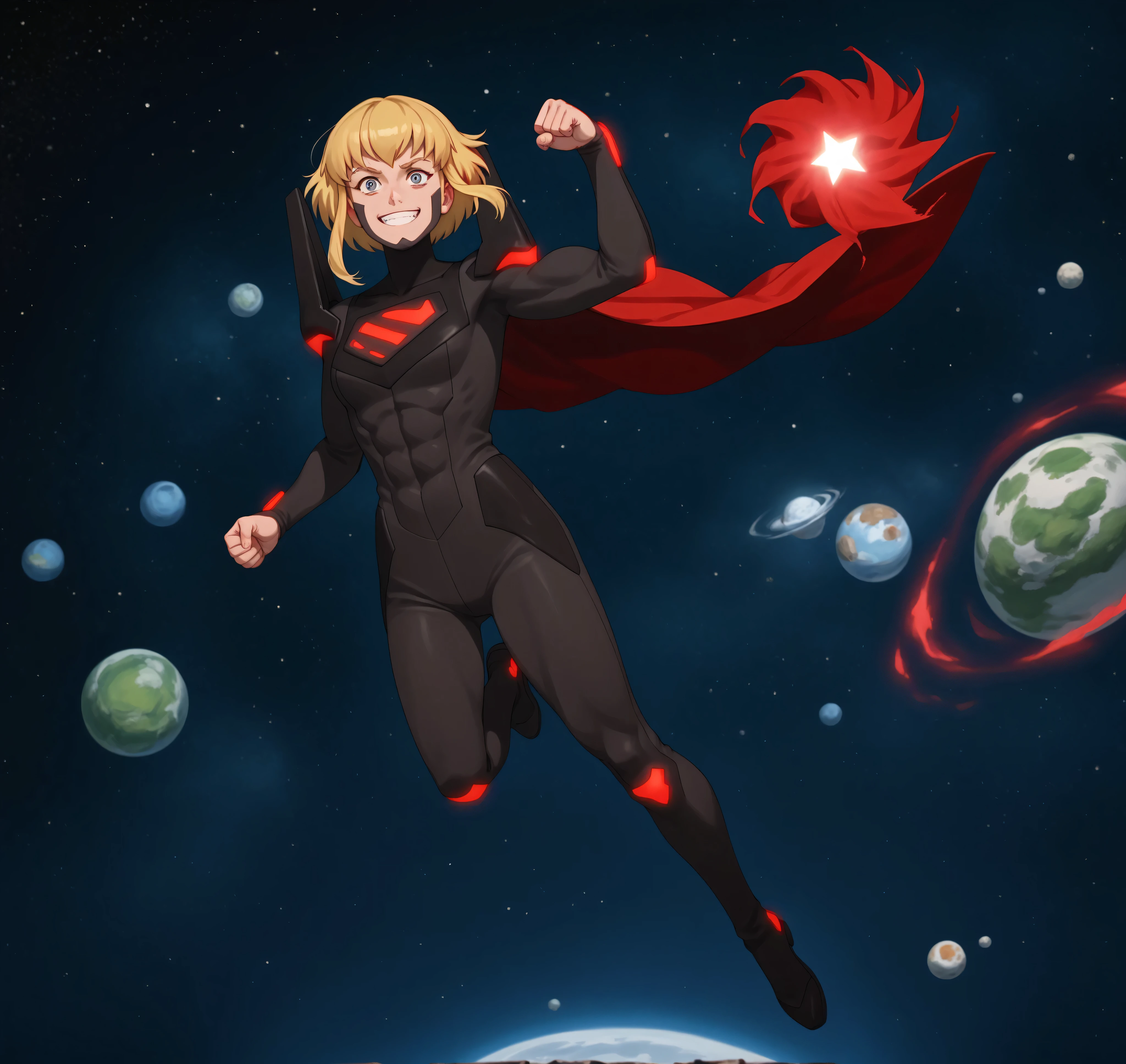1girl, solo, karazoreldef, red aura, short hair, blonde hair, medium breasts, toned, karazorelfit, happy, red cape, red glow, black two-tone bodysuit, black shoulder armor, looking at viewer, smiling, black hole, floating, airborne, space, planets, heavily battle damaged suit, injured, bleeding in torso, motion lines, a lot of tears in suit, her hands crossed on her breasts, stars, head to toe, full body, show full body, flirty, flexing abs, standing,standing up,