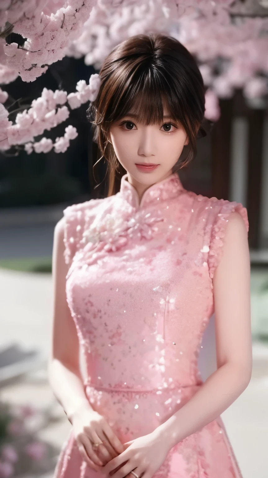 bangs ,hair、 in a pink dress 、hair上有花朵的Anime Girl, very 美丽的Anime Girl, 美丽的Anime Girl, beautiful fantasy anime , Gu Weiss, Anime Girl, 美丽的Anime Girl, very beautiful anime girl , pink flowers , background blur, Anime style 4K, Anime fantasy work , 4K anime wallpaper, Guvez style artwork