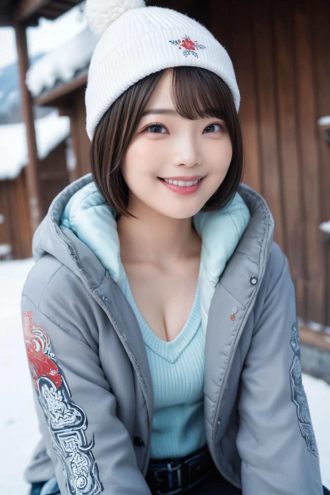 Very detailed, Detailed, Best quality, Ultra high resolution, Highest resolution, 20 year old Japanese woman, Happy smiling face, Detailed facial expression, Detailed eye depiction, Wide open eyes, Cute double eyelids, Thick lips, Black hair, Black pupils, BREAK, (((Full body photo))), Woman wearing knit cap and snowboard wear, Snow boots, Woman's snowboard wear is slightly open to reveal cleavage, Snowy mountain, Vast sunny ski resort, Very short hair with flip-out, Looking at the viewer,