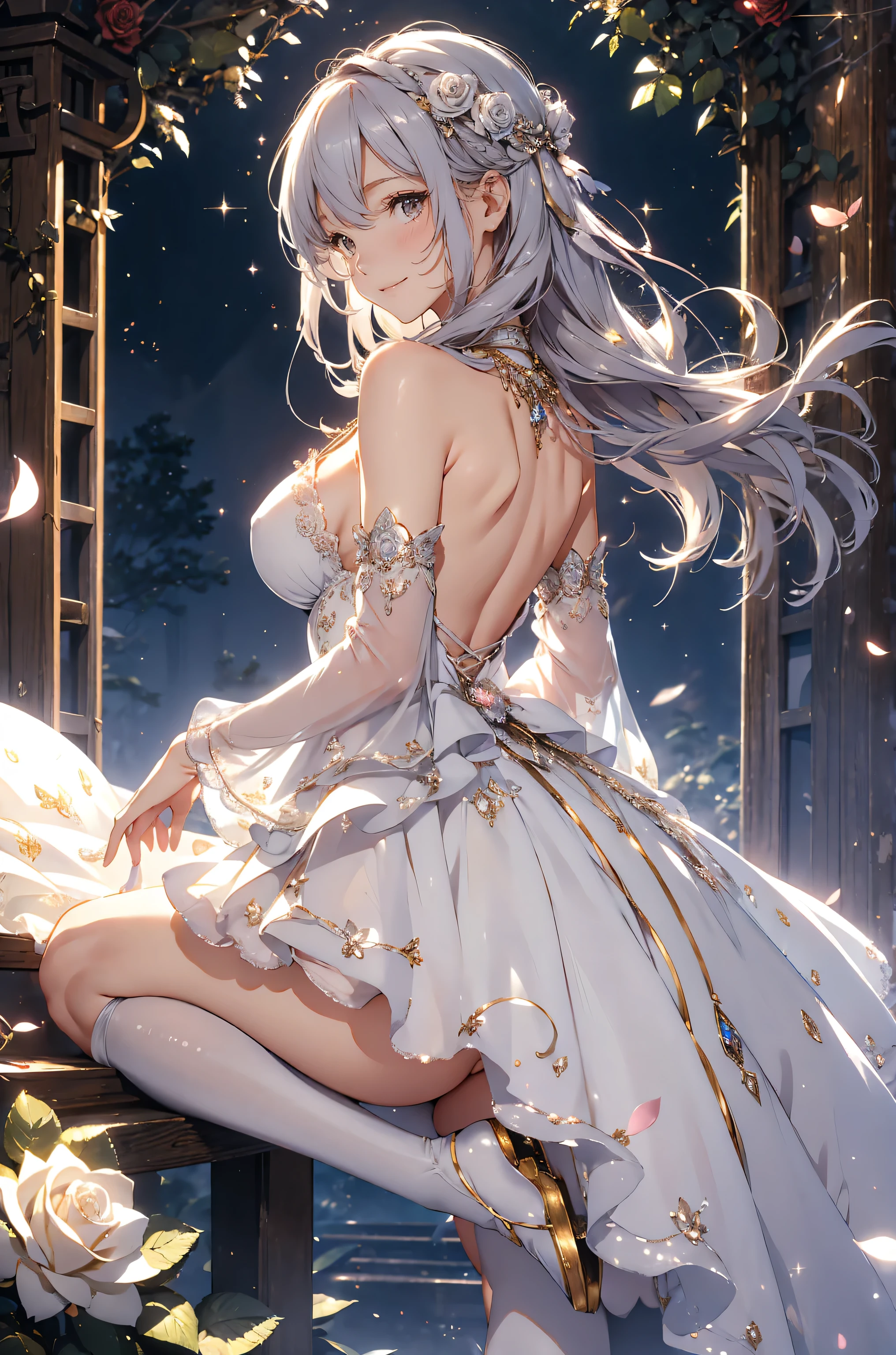  top quality　 mystical 、(side back shot) ERO 1 WOMAN cute smile！smile!  gentle gaze ,  beautiful eyes 、、 Chest 130 Beautiful Constriction 、waist lineセクシー strongest 、 Beautiful Brown Skin 、、 music 　 healing Simple configuration                 　flower、   beautiful beautiful nature、 against a beautiful rose hedge
 Keep it simple      　 Beautiful Sparkle 、Long silver hair、((  open her legs))、 strongest beautiful decoration sexy see-through white dress、   Calm Atmosphere    、  petals、  open 、  miniskirt、　 Beautiful Young Body 、  Stretch Your Legs 、 big boobs、 beautiful back、 big ass　like々Fresh skin,  、beautiful fantastic light 、、 Sparkle, high definition depiction ,                               realistic fantasy beautiful illuminated light、Romanticism,, 