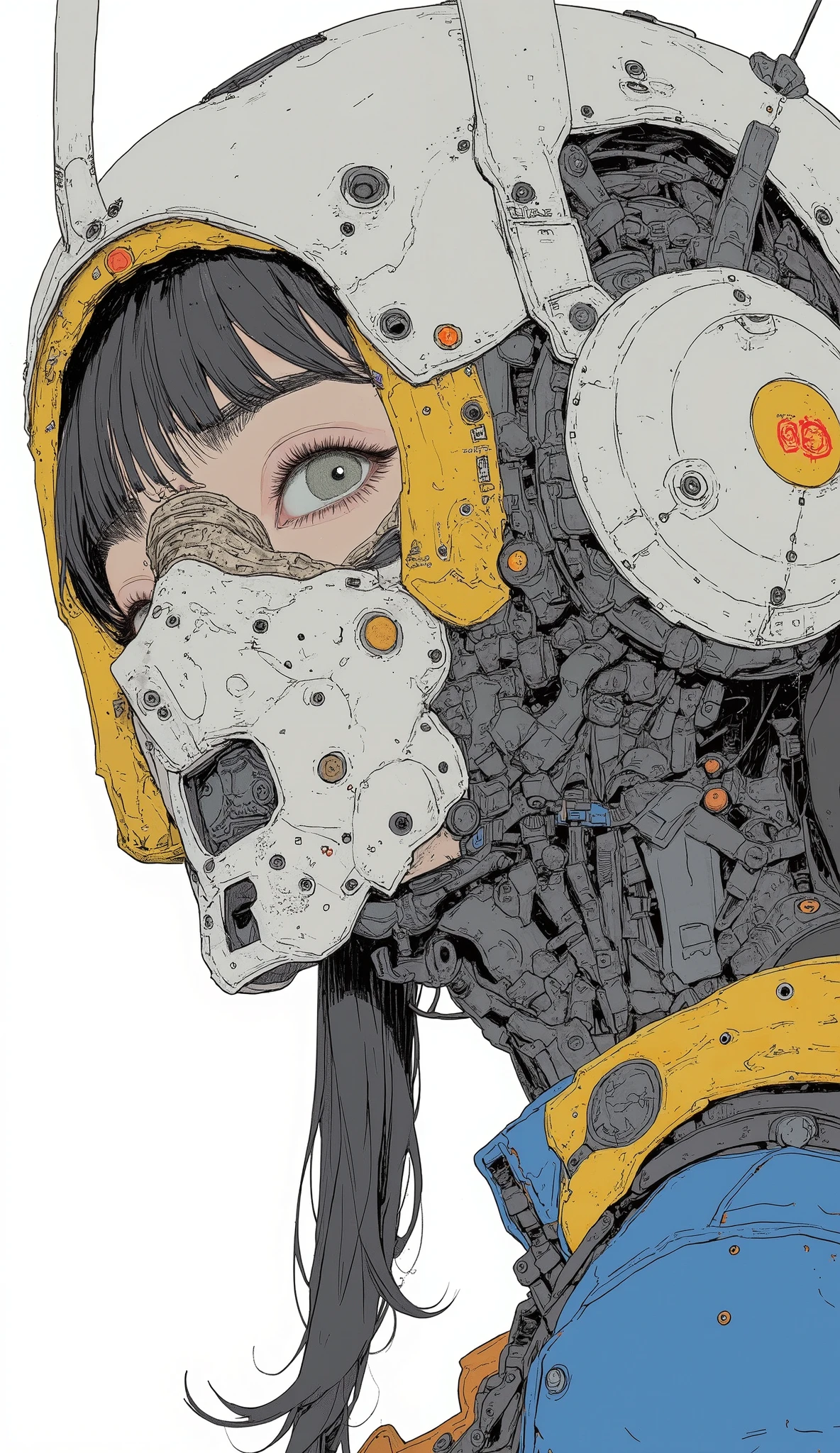 fish eye、a close up of a drawing of a robot with a helmet on, Shirou Masamune, a close-up of a woman in a blue and yellow costume , pixiv contest winner, creation, # Mecha, Mecha inspired, anime Mecha aesthetic, cool Mecha style, japanese Mecha, Mecha asthetic, white Mecha, マナティーの形をしたMecha