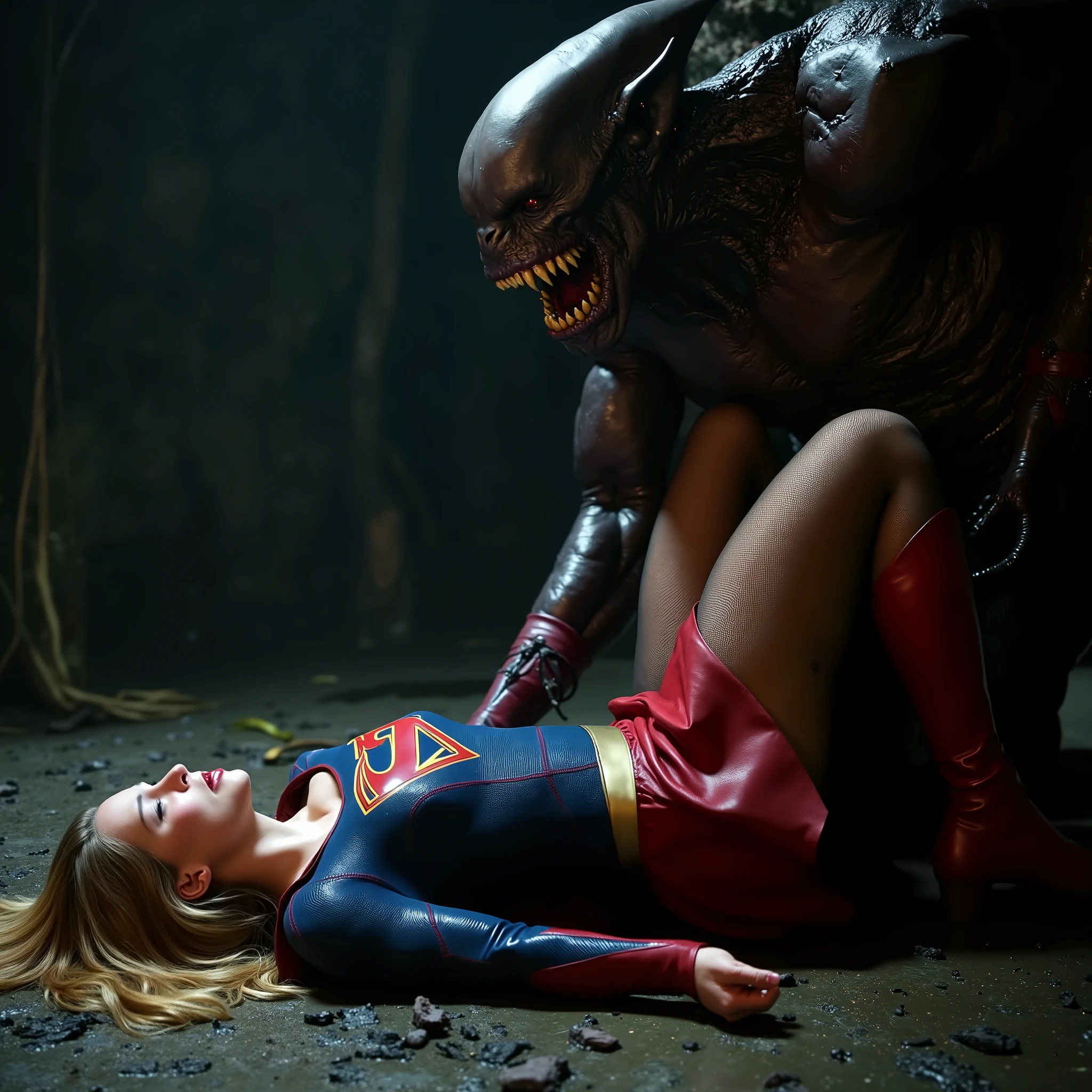 Supergirl is fighting with a huge alien monster, very bright white skin, can see whole body, She is wearing a thin black pantyhose, short red leather fabric skirt, red knee height long boots, blonde hair, She is unconscious, seriously injured, painful, a huge body fierce Alien Monster assault attach between Supergirl legs, photorealistic, hyperrealism, night time, underground cave,