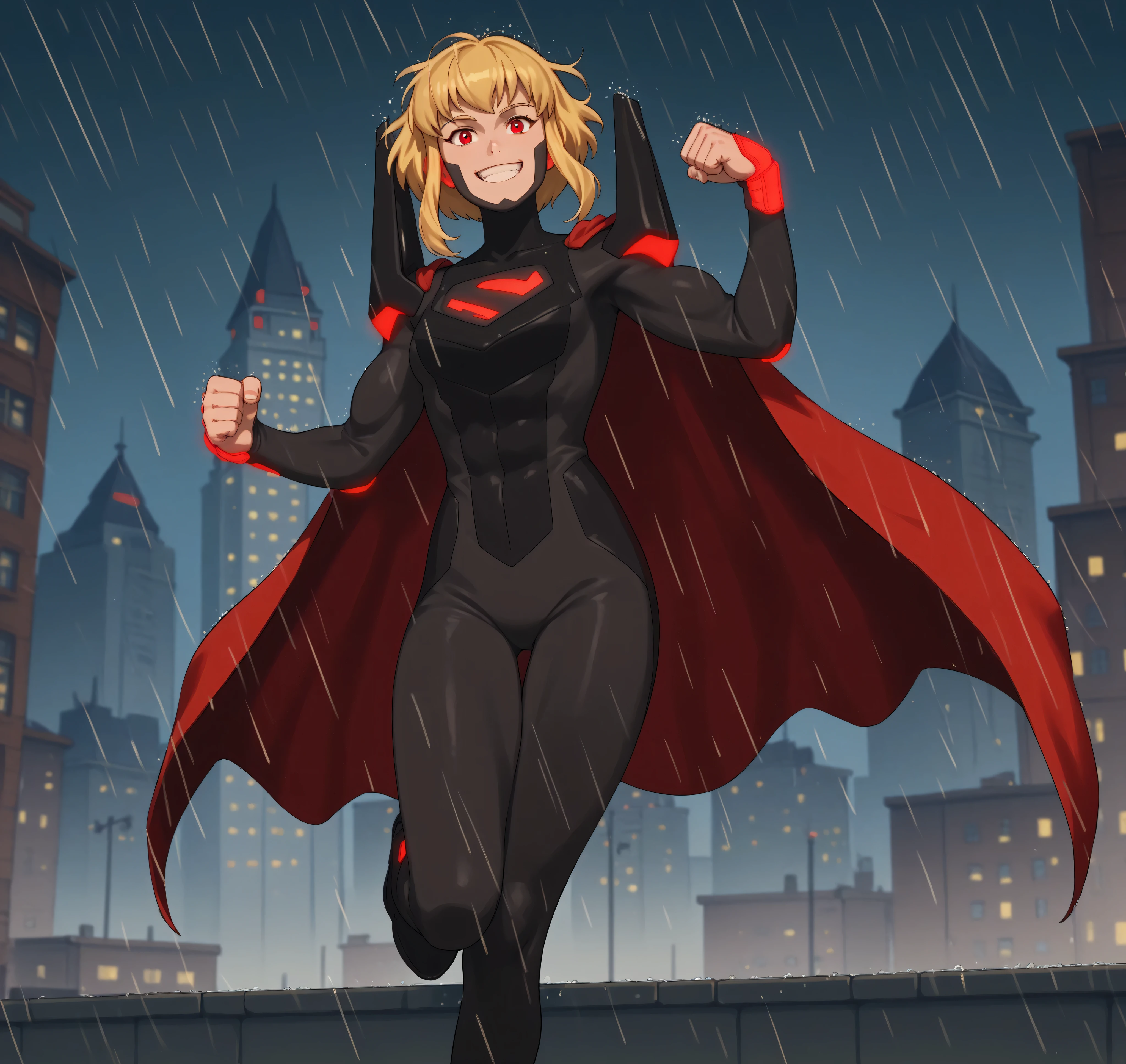 1girl, solo, karazoreldef, red aura, short hair, blonde hair, medium breasts, toned, karazorelfit, happy, red cape, red glow, black two-tone bodysuit, black shoulder armor, looking at viewer, smiling,city, floating, airborne, nighttime, motion lines, lighting, head to toe, full body, show full body, flirty, flexing abs, standing,standing up, her hands crossed on her breasts, raining,