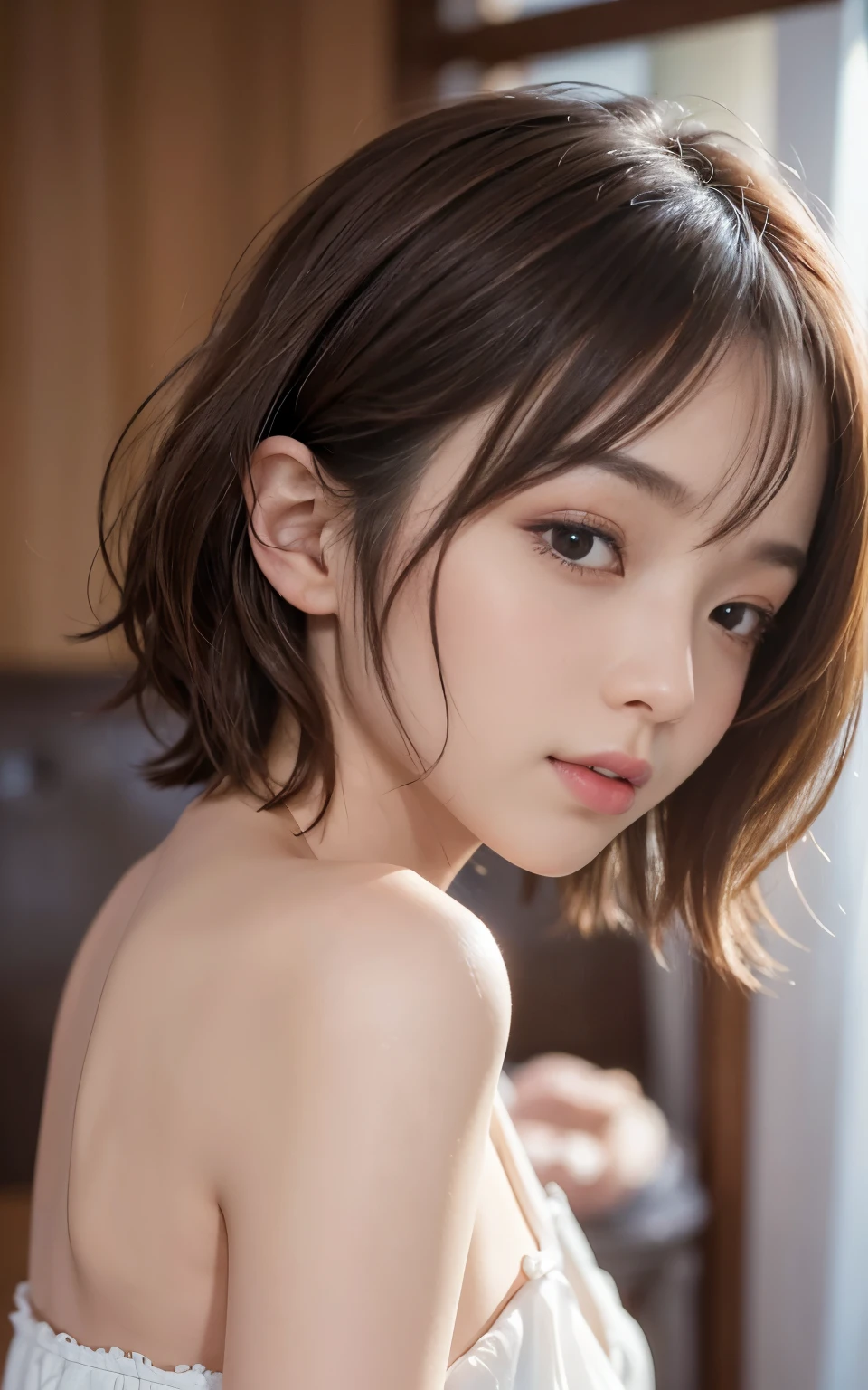 highest quality、ultra high resolution、(photorealistic:1.4)、((full nude))、beautiful eyes、blonde、brown eyes、beautiful breasts、detailed skin、thin pubic hair、NSFW, 8k quality, 8K Ultra, pixel up 10 times、Super detailed cute face、detailed lip、detailed eyes、double eyelid、natural makeup、（kind eyes）、（super cute girl）、perfect balance、small tangled naked short hair、((Black background))、((Sexual service))