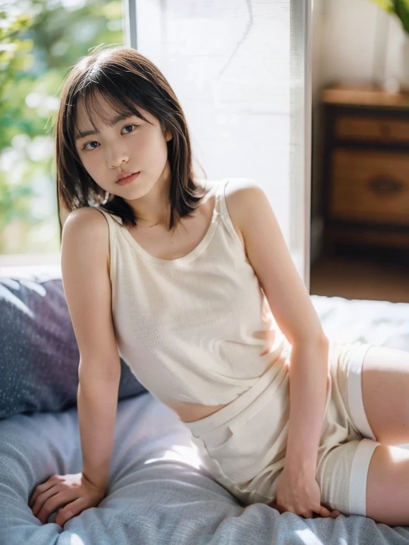 20-year-old female, (masterpiece: 1.4), (8k, reality, Original photo, Highest quality: 1.4), Japan, (1 Girl), Beautiful Face, (True Face: 1.4), (Pink Hair, short hair: 1.3), Hairstyle, Realistic blue eyes, Beautiful details in the eyes, (reality皮肤: 1.3), Beautiful Skin, Charm, 超High resolution, Ultra-realistic, High resolution, Golden Ratio, (Detailed face: 1.4), (Japan演员: Estuary), Sheer vest,粉色short hair,white透明,white,Browsing Caution,big,big屁股强调,The nipple areola is clearly defined,Looking into the camera,Sitting on the couch,The shape of the pubic hair is clear and clear,posture(Bend your knees and spread your legs)