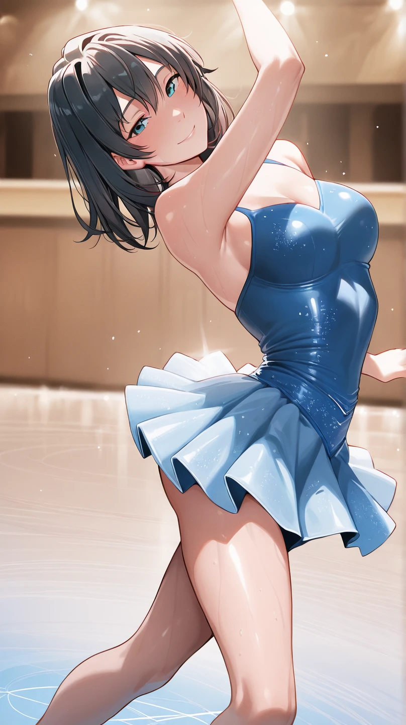 masterpiece, best quality, highly detailed, ultra high res, shizuka yoshimoto, 1girl, solo, hair ornament, black hair, hair in a bun, bangs, glossy lips, medium breasts, aqua eyes, school, ballerina, white pantyhose, tutu