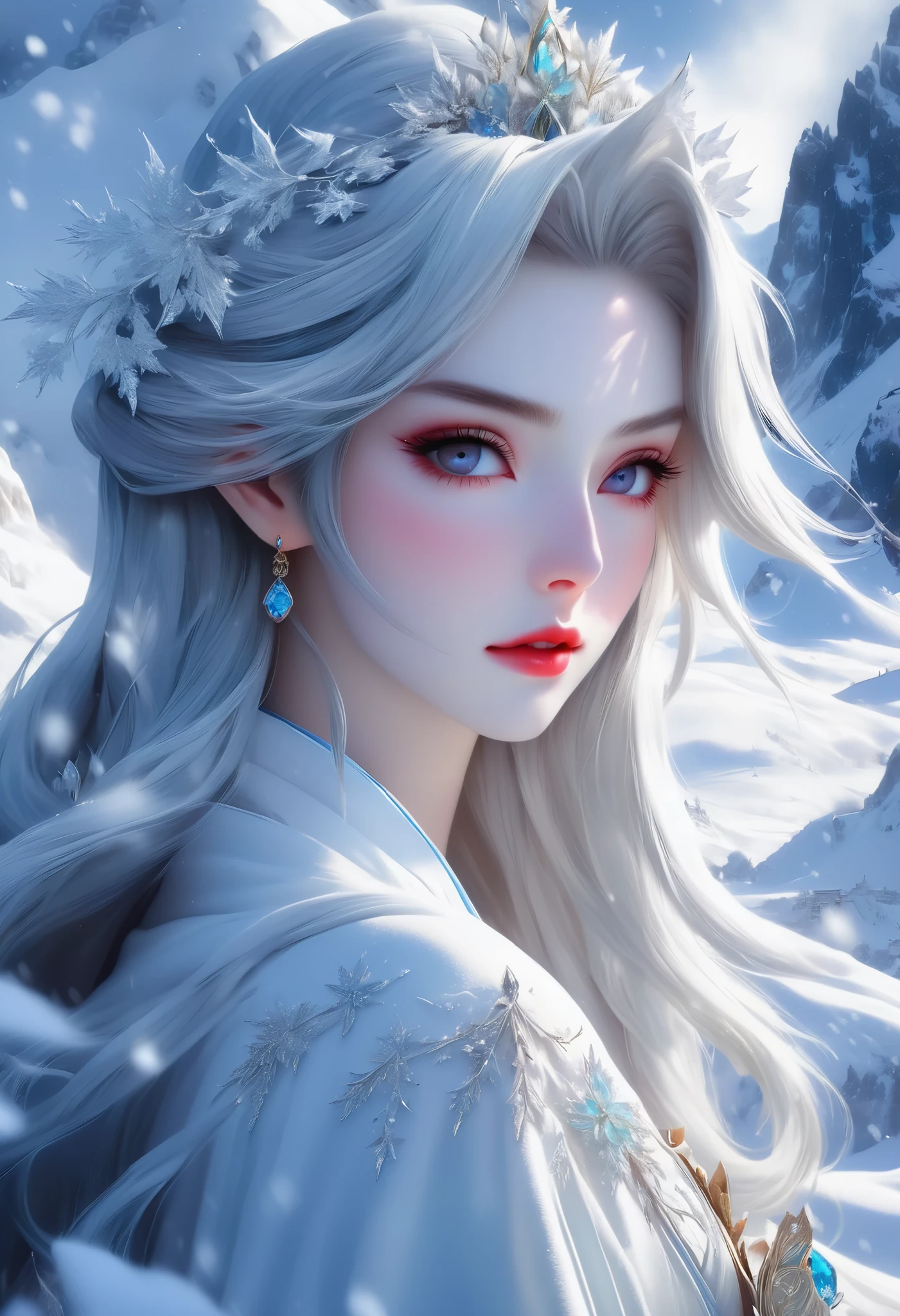 masterpiece, (best quality:1.2), (ultra-detailed:1.2), illustration, (an extremely delicate and beautiful:1.2),cinematic angle,floating, (beautiful detailed eyes:1.1), (detailed light:1.1),cinematic lighting, beautifully detailed sky, girl, white hair, blue eyes, (high ponytail:1.1), cloak, glowing eyes, (moon:1.2), (moonlight:1.1), starry sky, (lighting particle:1.1), fog, snow painting, sketch, bloom