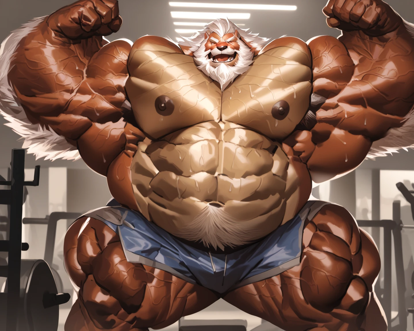 solo, 1boy, Huge Muscular Old Grizzly Bear wearing glasses, correct anatomy, steroid, pectoral, huge pectoral, wide pectoral, short white hair, black competitive briefs, speedo, bearded, Mustache, bodybuilding competition stafe background, masterpiece, high detailed, 8k, high resolution, at the stage, flexing off for the audience