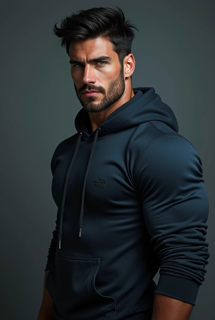 a very handsome young man, massively muscular, with massively large muscles, with massively large biceps, with massively large arms, wearing a simple blue sweatshirt with long sleeves, on a black background, seen close up