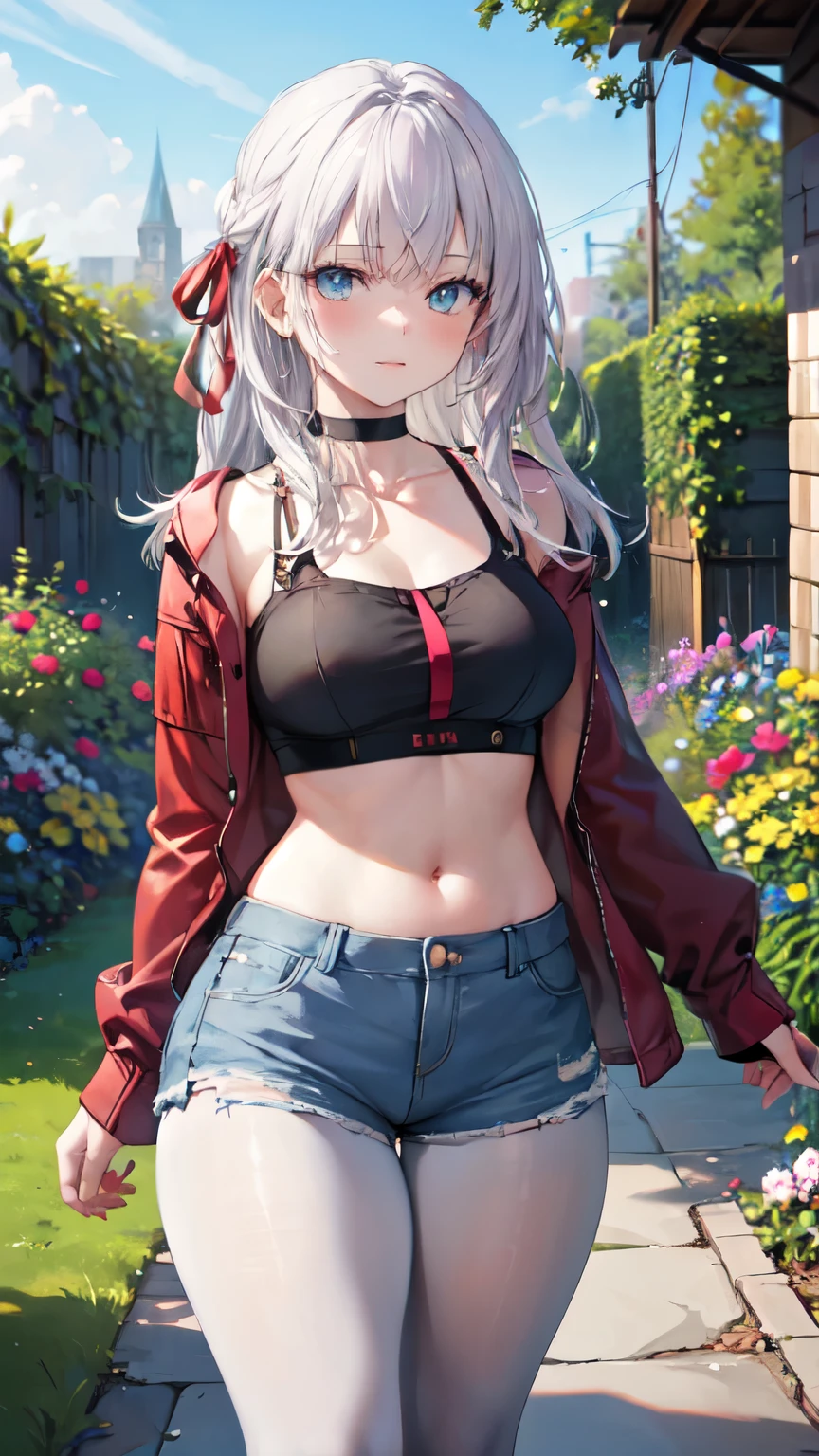 realistic image, coherent image, detailed image, 1 beautiful girl. She has short, white hair. Her eyes are blue, long eyelashes. Her face is oval and delicate, smiling. She is wearing a long-sleeved off-the-shoulder t-shirt, showing her navel, ripped shorts, and mid-thigh stockings. She has a curvy body, medium breasts, thick thighs. sexy pose. Background of destroyed buildings, surrounded by nature, natural lighting, volumetric lighting,
