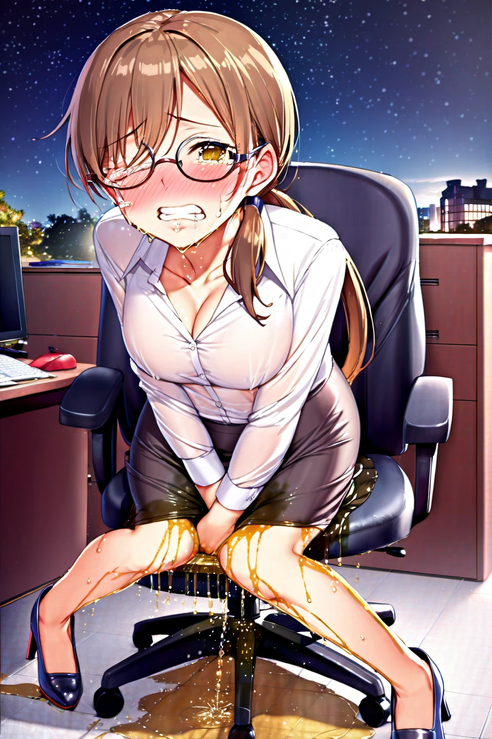 nsfw,(highest quality,masterpiece:1.3),disorganized,High resolution,16k, 超High resolution, official art,figure,very detailed,anime color,perfect hands, perfect fingers, perfect legs),cawboy shot from front:1.0),BREAK solo, 1girl, 18yo, an extremely beautiful girl, beautiful face, perfect face, cute symmetrical eyes, double eyelid, midium breasts, puffy_nipples, (perky breasts), narrow waist, (pubic brown hair:1.5), bsp, pussy juice dripping, ((midium hair, brown hair,ponytail)), (((green Frame glasses:1.5))),sit on a chair, toes, Boot sole, (nipple, belly button), Completely naked:1.5), (glowing skin:1.3), (Sweat:1.4), (pubic brown hair:1.5), (open vagina:1.3), (cum shot:1.3),((bukkake:1.5)),indoor,office,