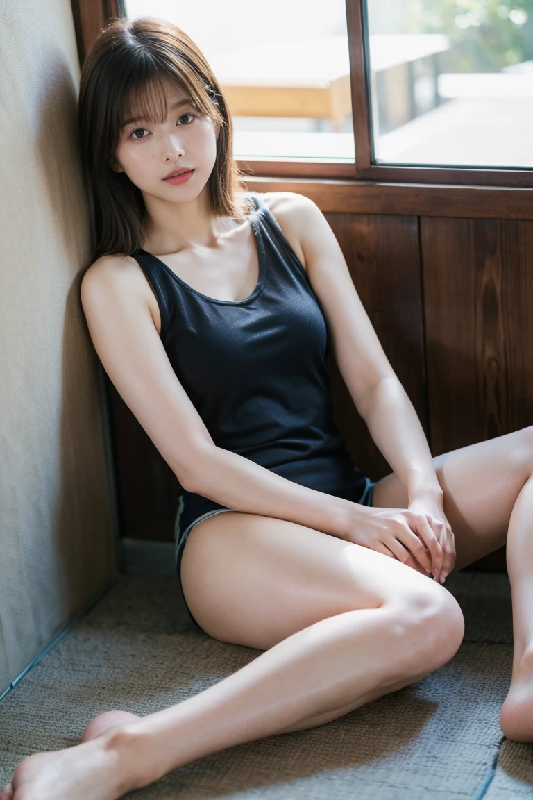 (Highest image quality, Highest image quality, Super A High Definition), (Raw photo, Realism 1.4), (flat chest), Fine skin, Fine face, Cute, AKB Girl, Teen Girls, Small breasts, Perfect Skin, thighs thighs thighs thighs, Medium Hair, Perfect, Brown hair, Brown eyes, Gravure Pose、Full body, (((Spread)), shiny, ((Tank tops))、Bright sunlight, Smile, Realistic