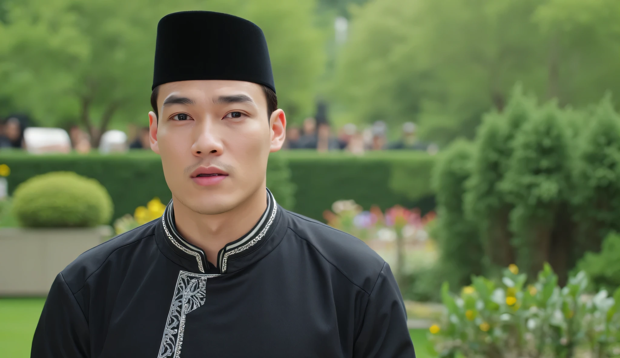 asian man, boy band, 25 years old, wearing elegant outfit moslem and black cap, standing in front garden, half body
