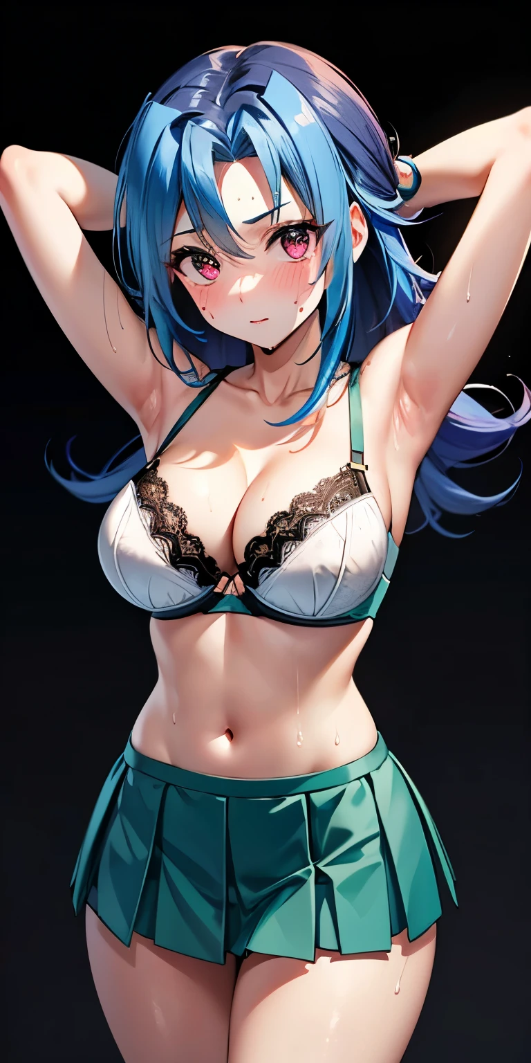 vibrant eye, prism colors, vibrant colors, gradient hair, 1girl, exhibitionism, ((colorful, lacy micro shorts, underboob)), medium breast, white background, realistic, award-winning photo, ((ruffles)), idol, (( realistic skin texture)), ruffled head gears, ribbon, armbands, aqua, red, green